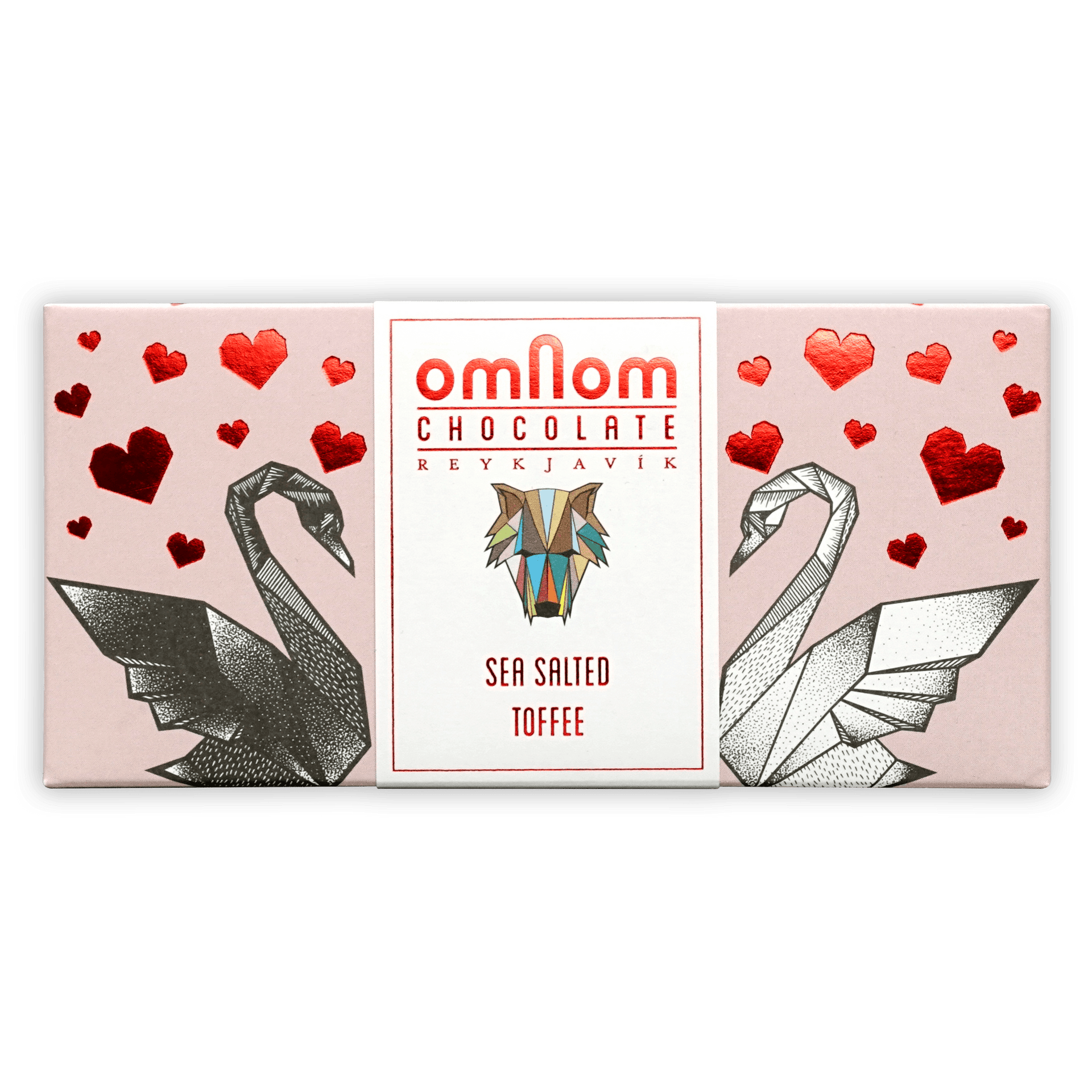 Omnom Sea Salted Toffee 40% bar with origami swans and hearts