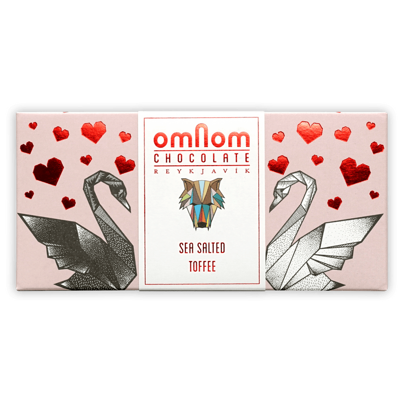 Omnom Sea Salted Toffee 40% bar with origami swans and hearts