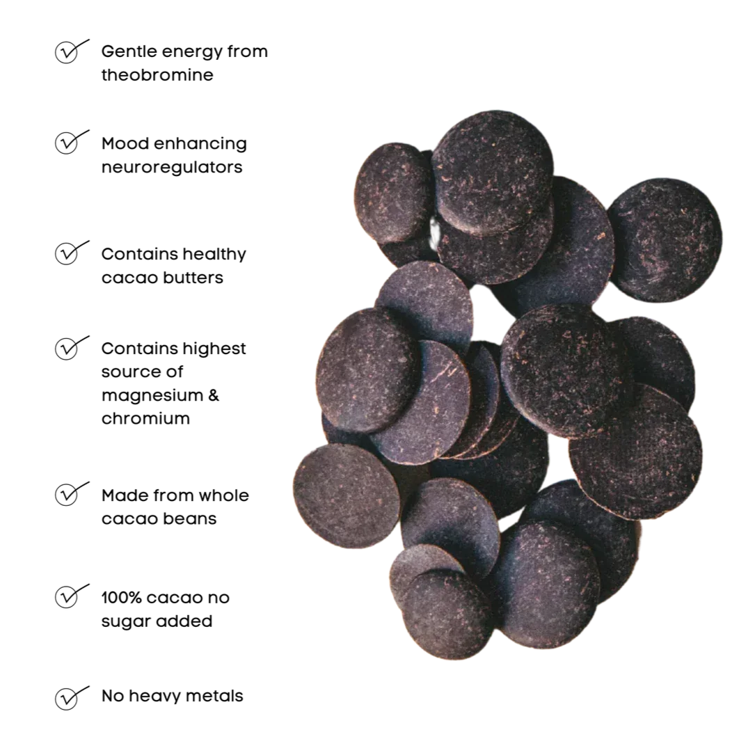 Smooth glossy dark chocolate discs of Ora Ceremonial Cacao Boundless Belize 100%