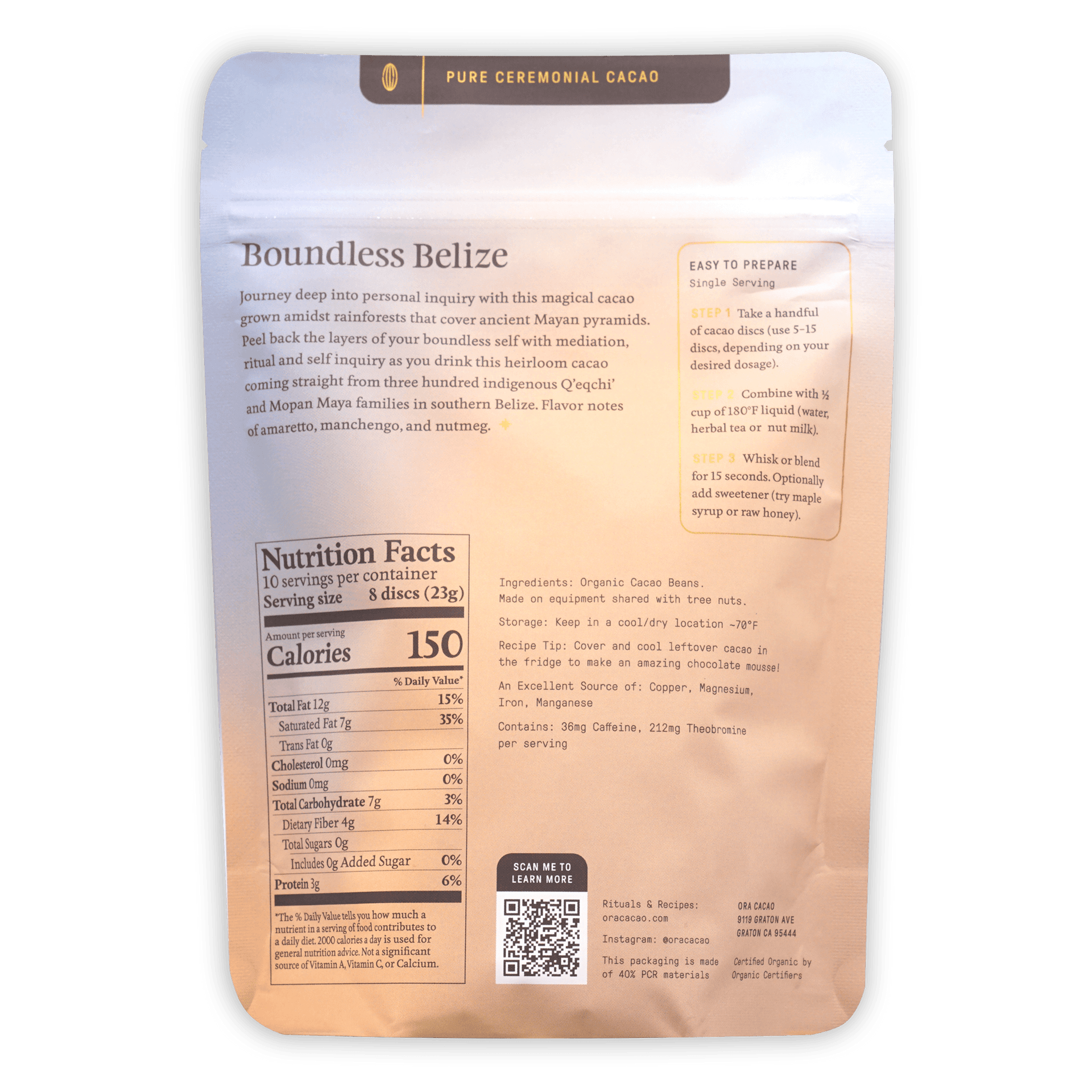 Ora Ceremonial Cacao Boundless Belize 100% matte white pouch