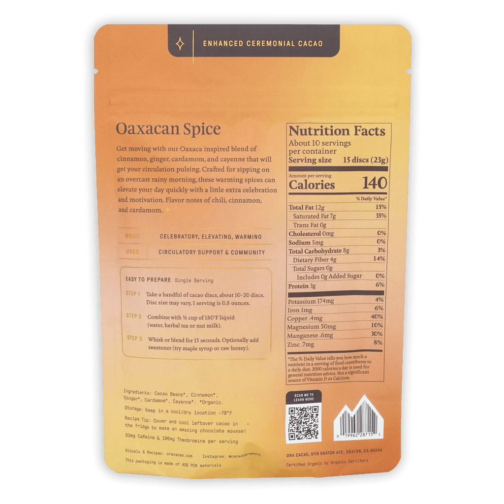 Ora Ceremonial Cacao Oaxacan Spice 100% orange pouch with matte finish