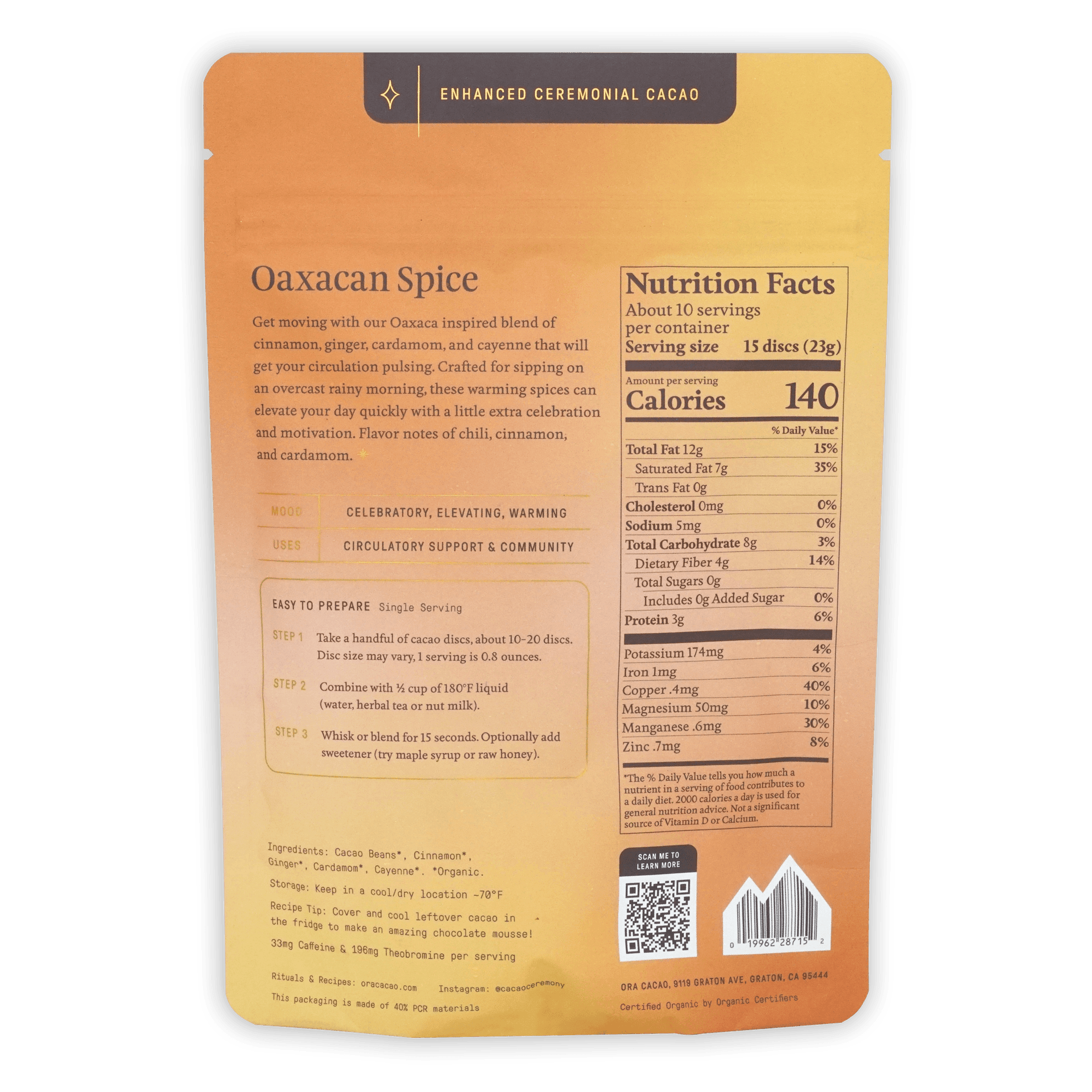 Ora Ceremonial Cacao Oaxacan Spice 100% orange pouch with matte finish