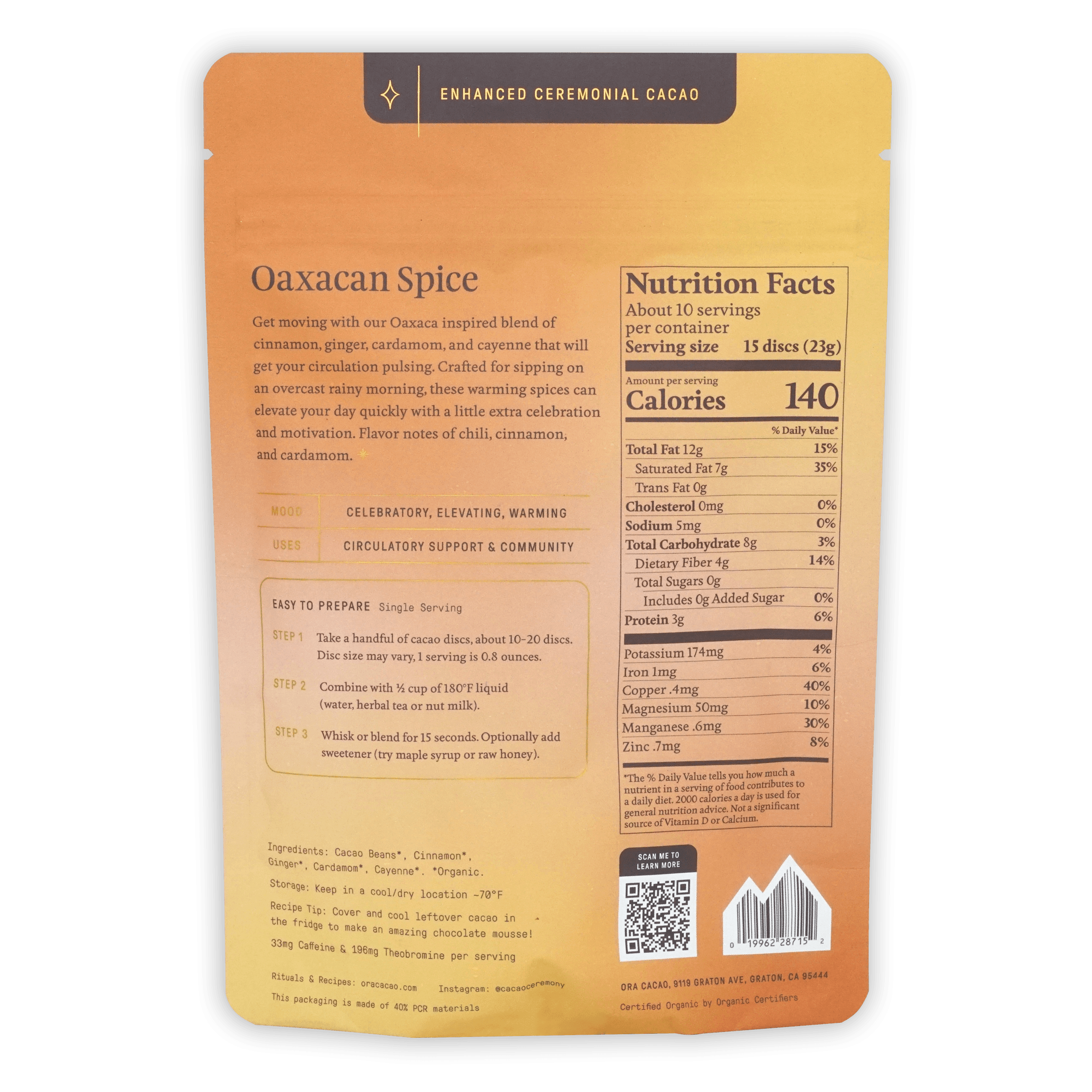 Ora Ceremonial Cacao Oaxacan Spice 100% orange pouch with matte finish