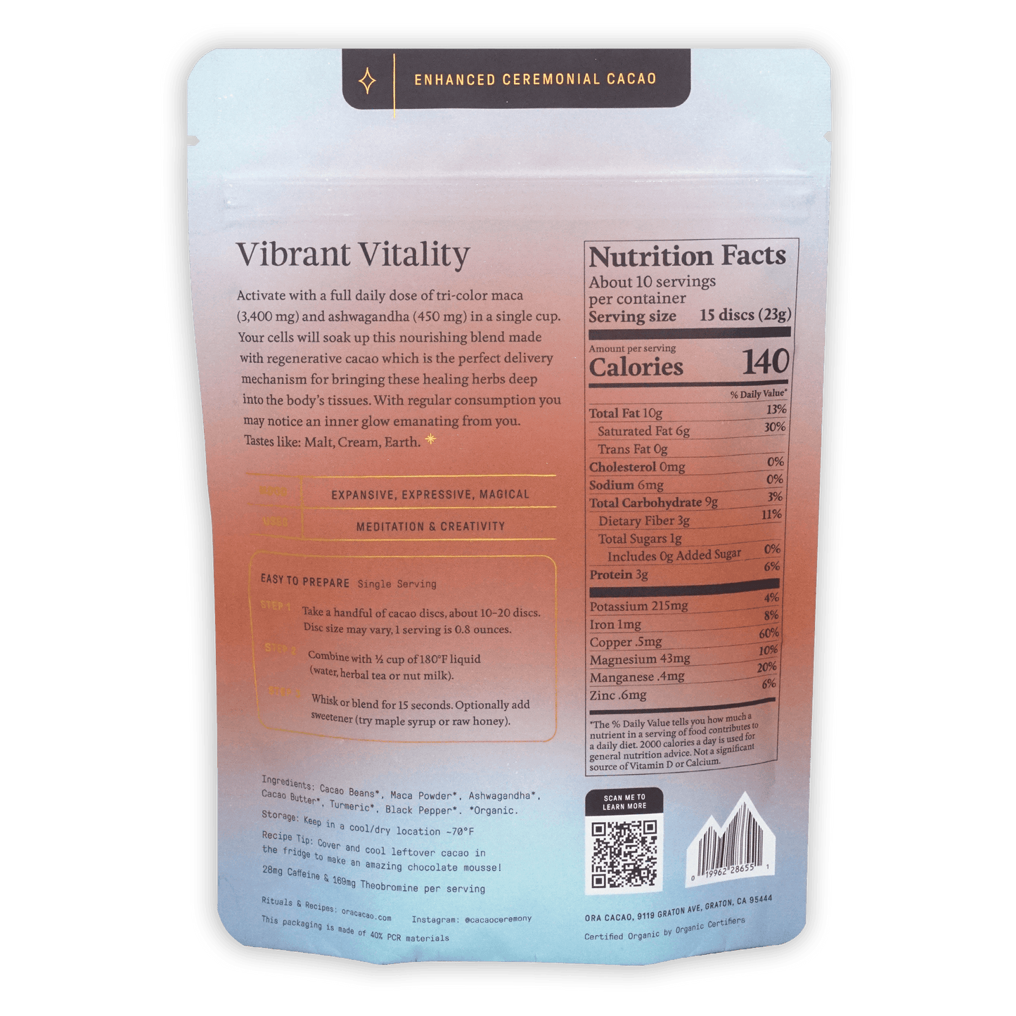 Ora Ceremonial Cacao Vibrant Vitality 100%