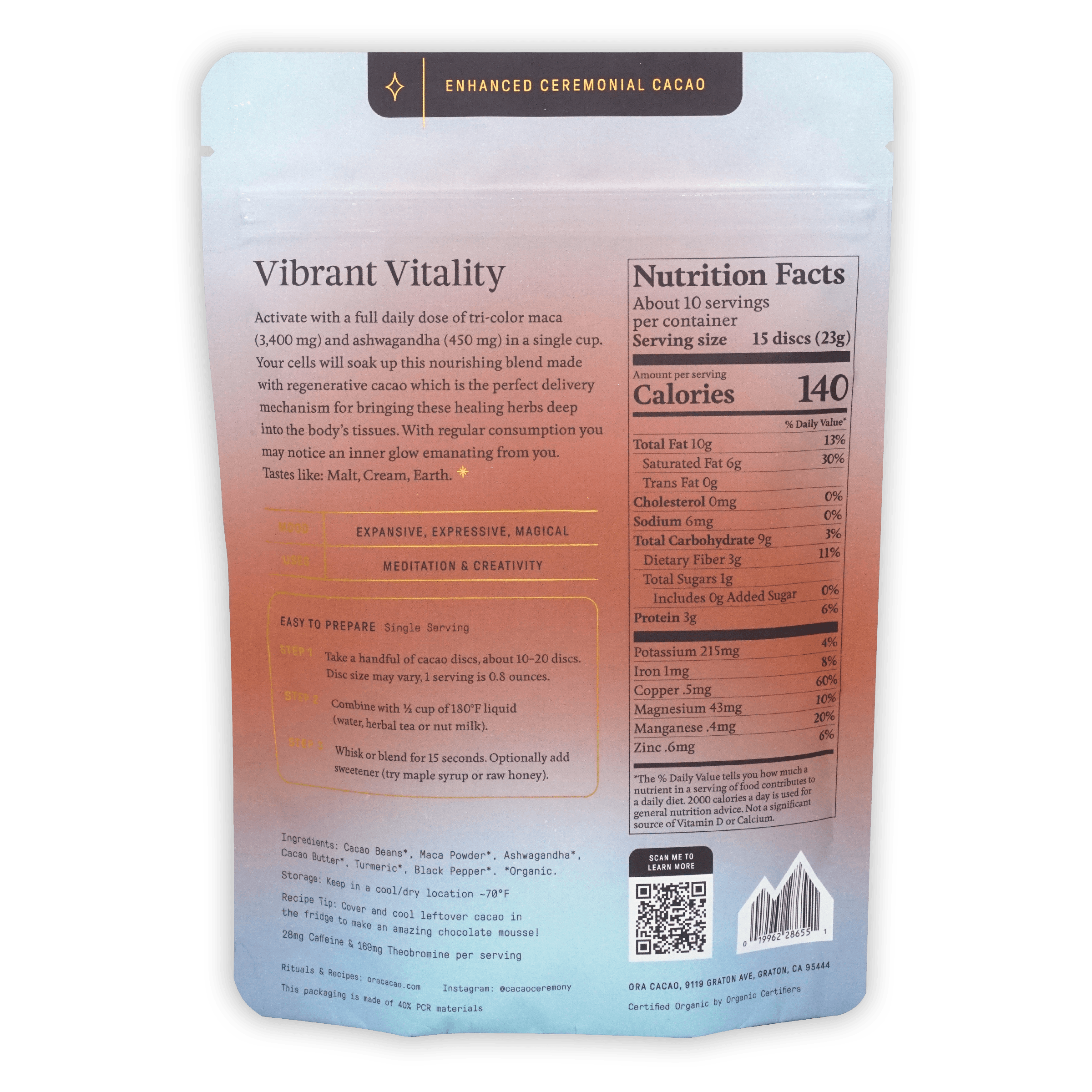 Ora Ceremonial Cacao Vibrant Vitality 100% sleek gradient pouch