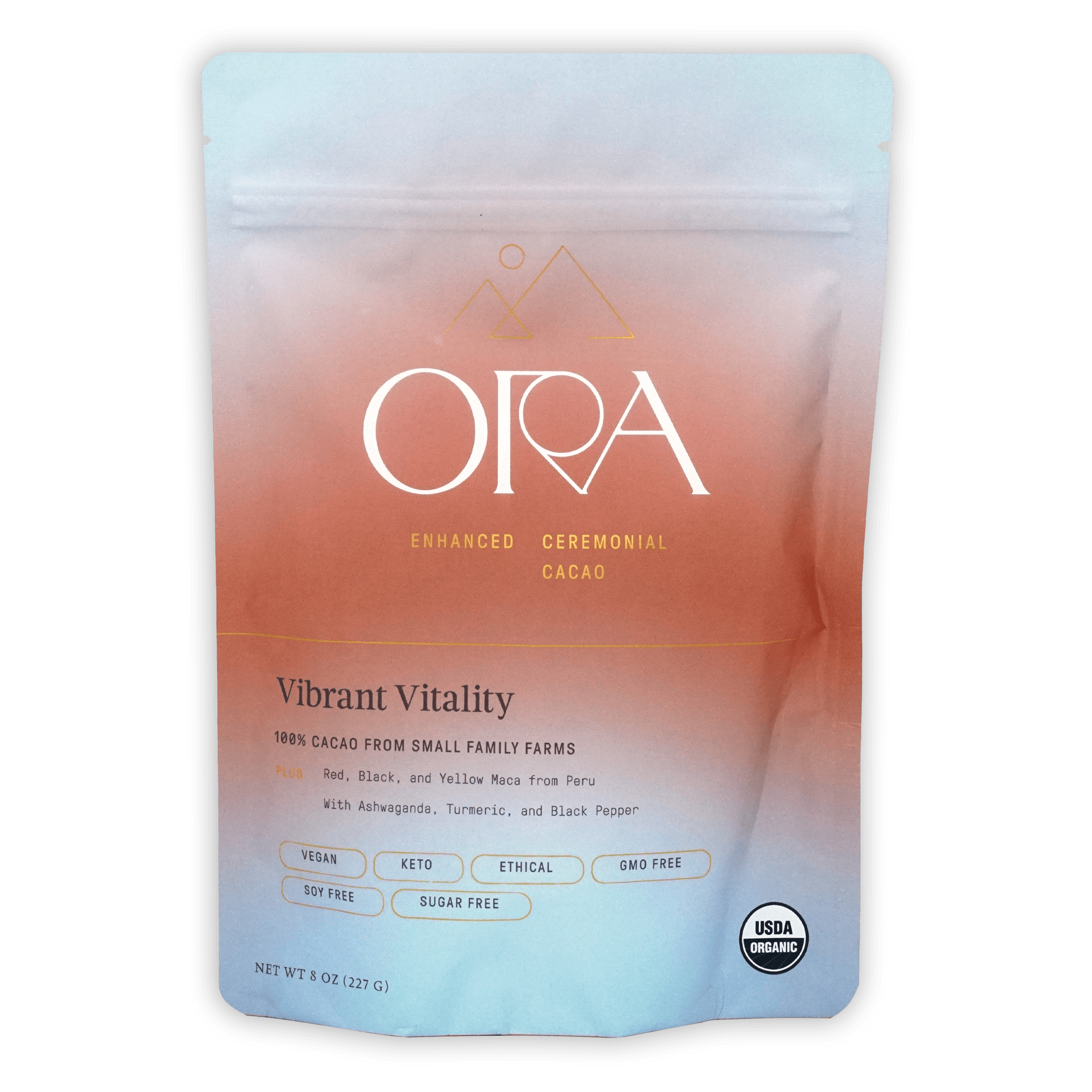Ora Ceremonial Cacao Vibrant Vitality pouch with peach-to-blue gradient