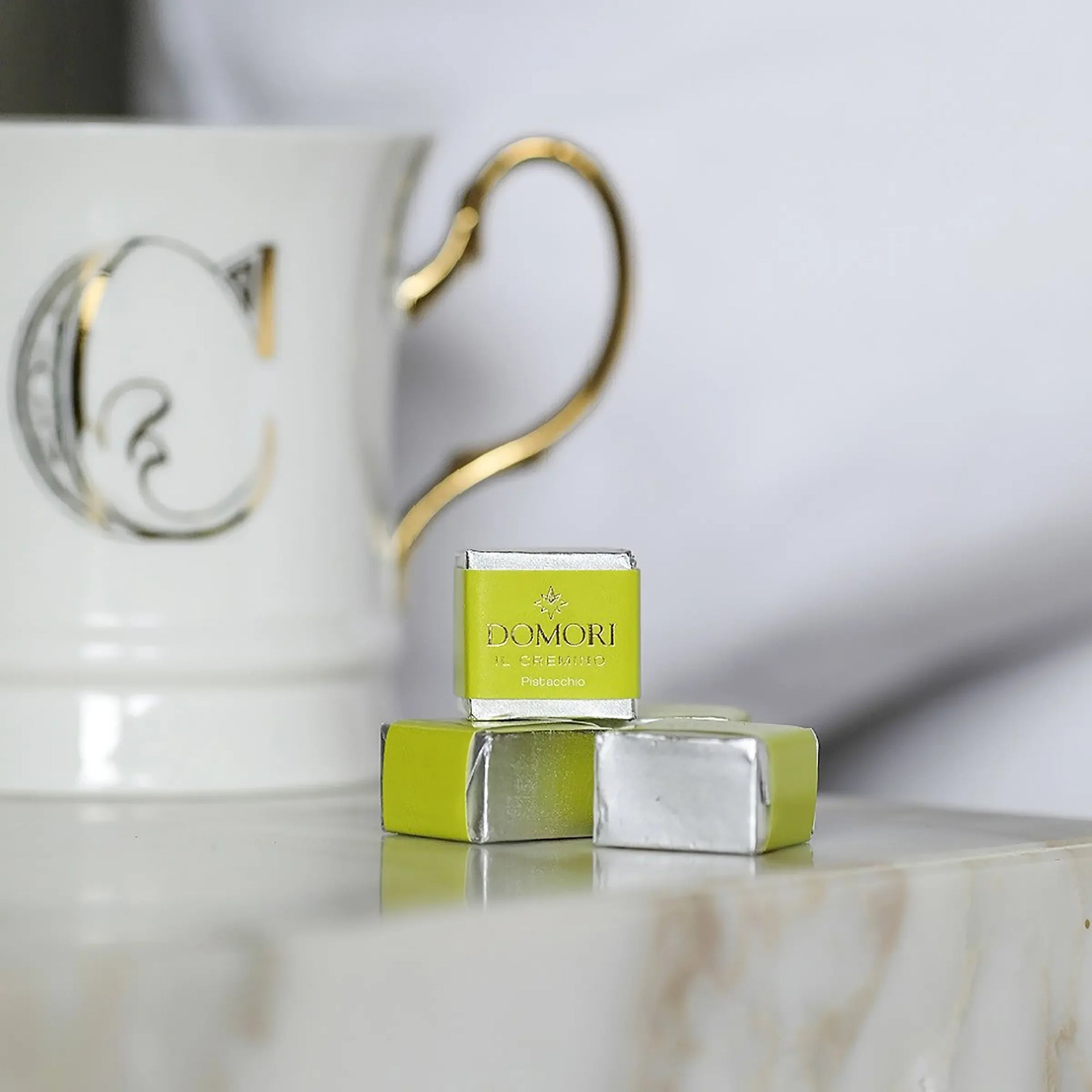 Lime green and silver Domori Classic Pistachio Cremino Bag candies