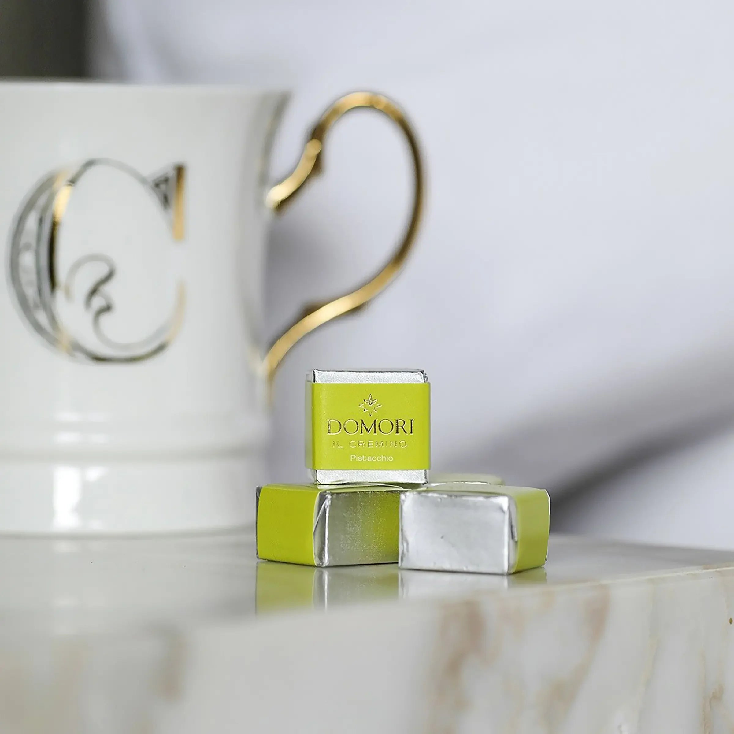 Lime green and silver Domori Classic Pistachio Cremino Bag candies