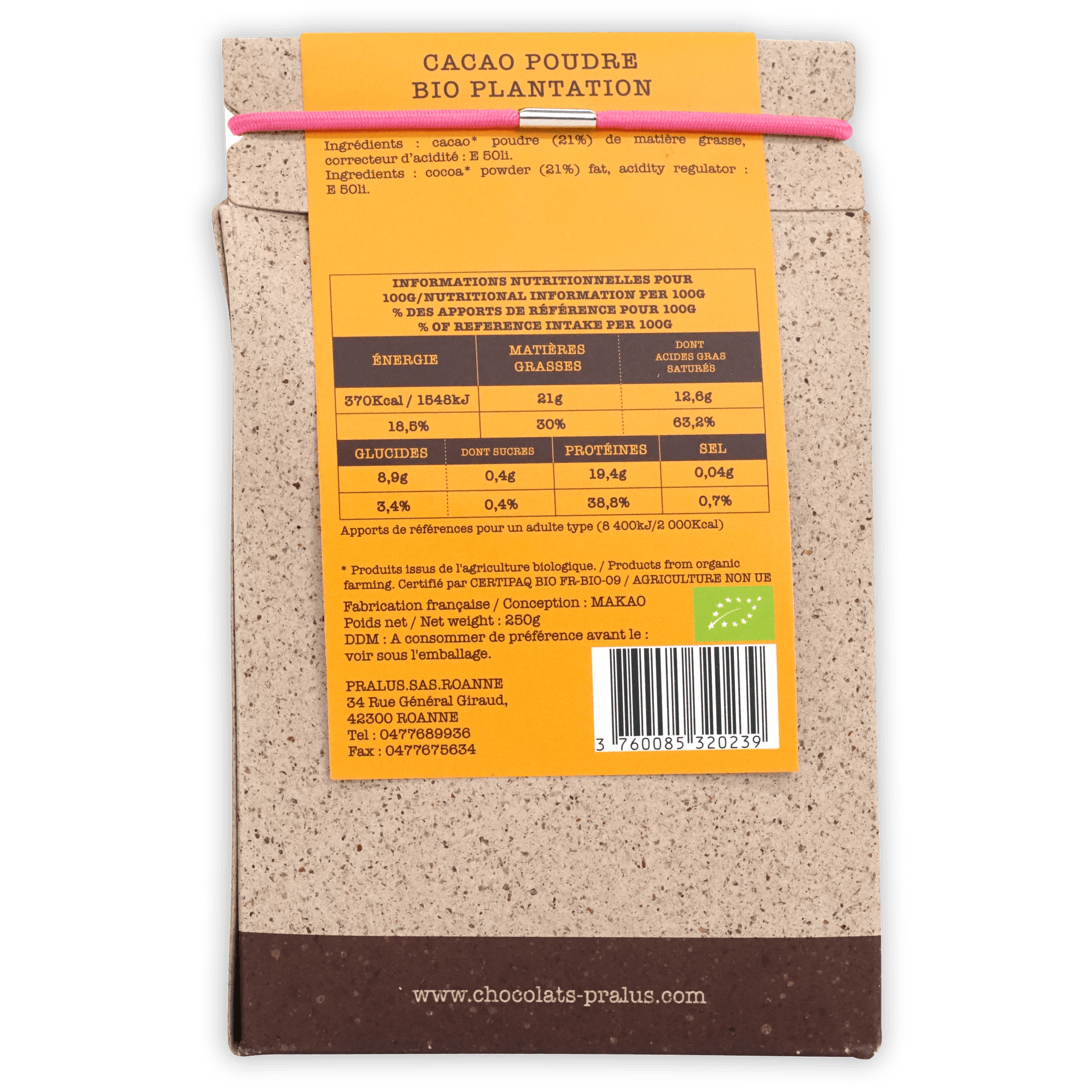Pralus 100% cocoa powder organic label on beige package