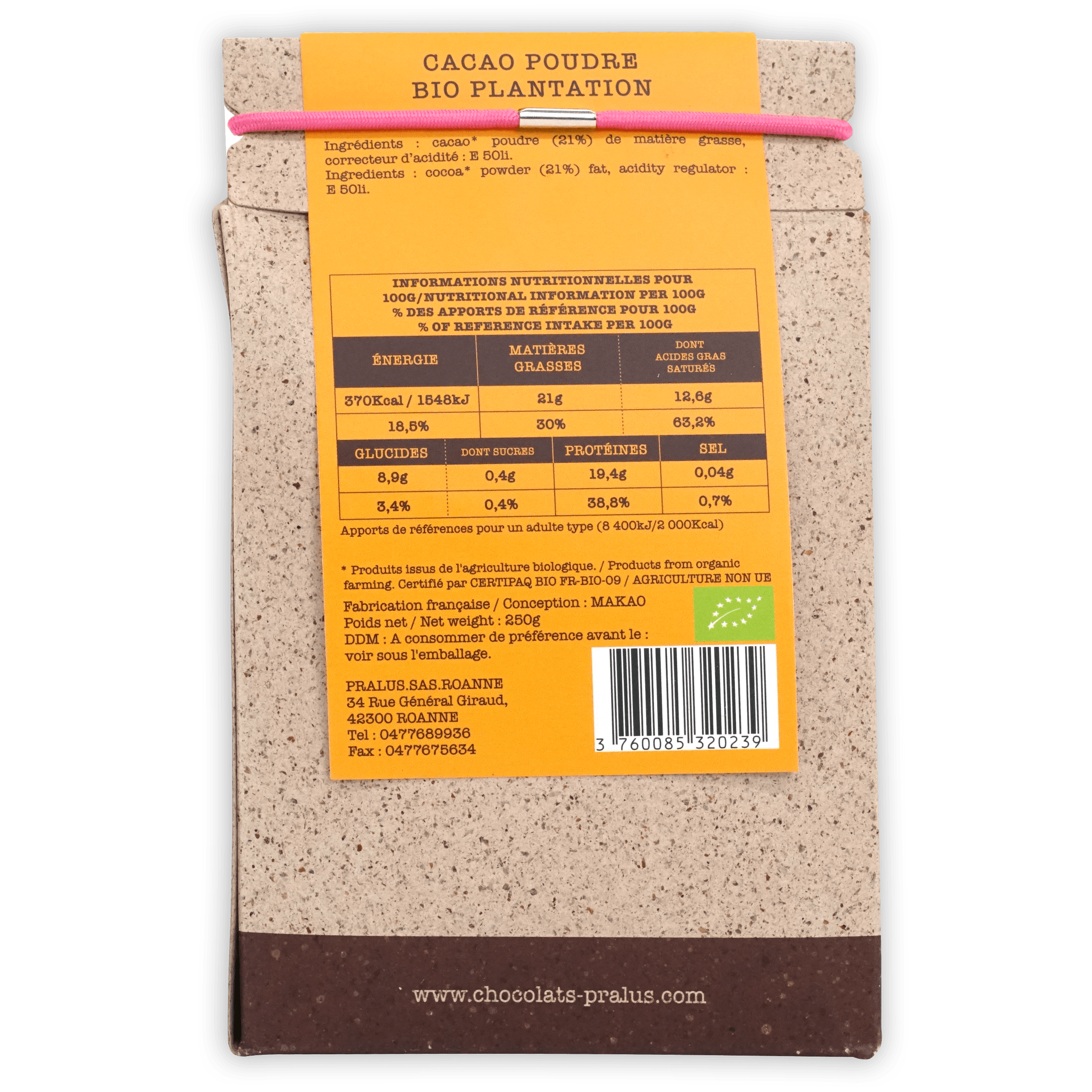 Pralus 100% cocoa powder organic label on beige package