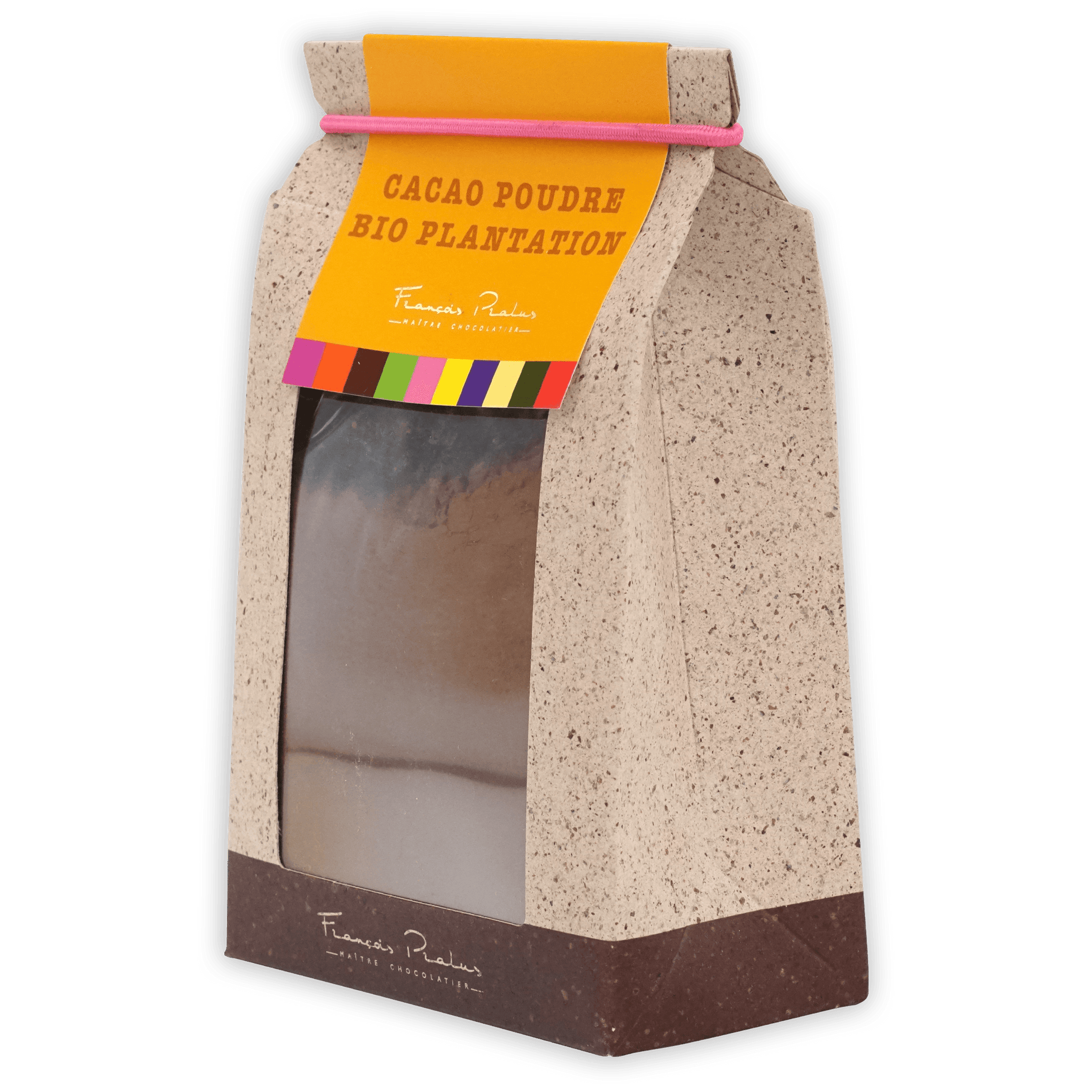 Pralus Cocoa Powder 100%: beige bag with orange label, pink band
