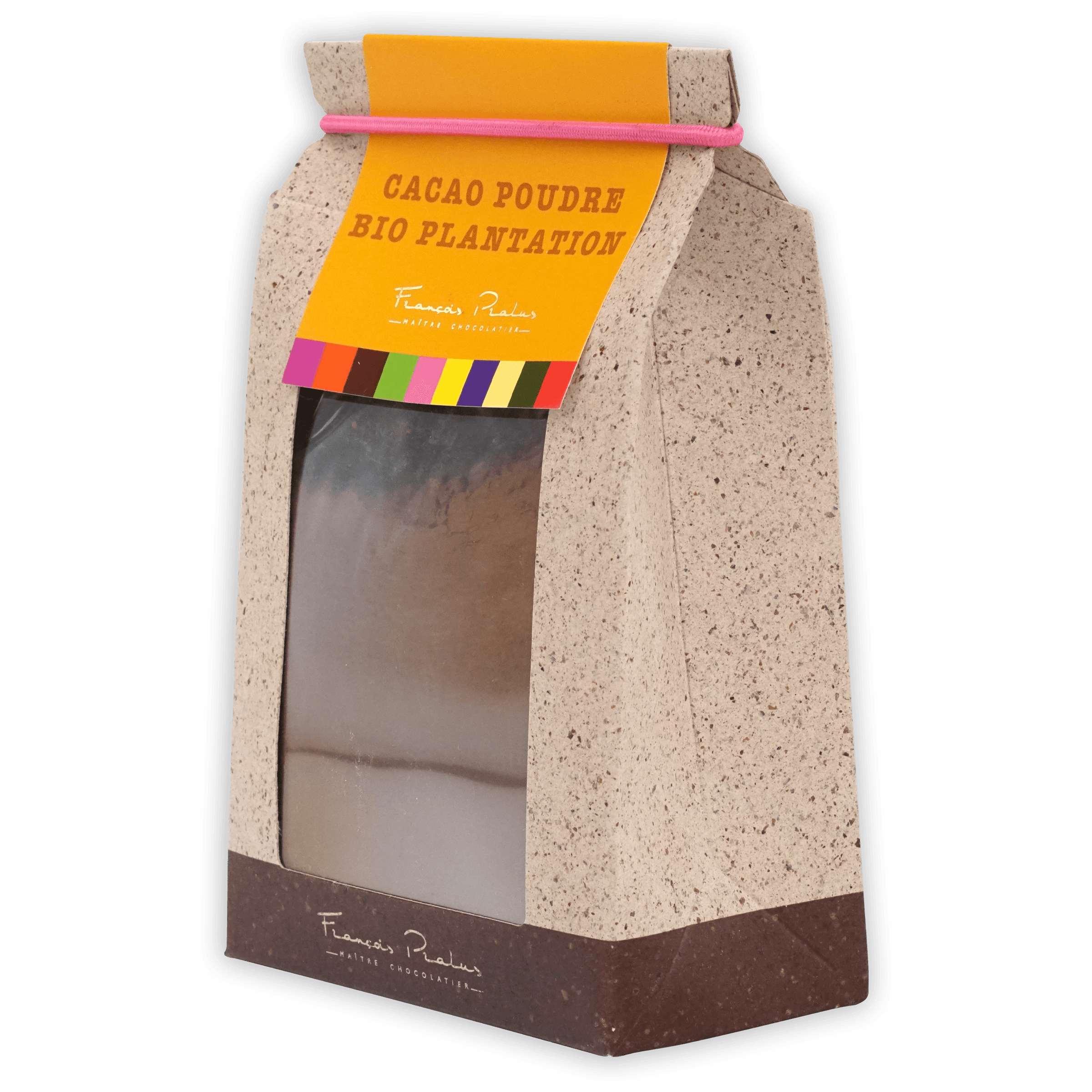 Pralus Cocoa Powder 100%: beige bag with orange label, pink band