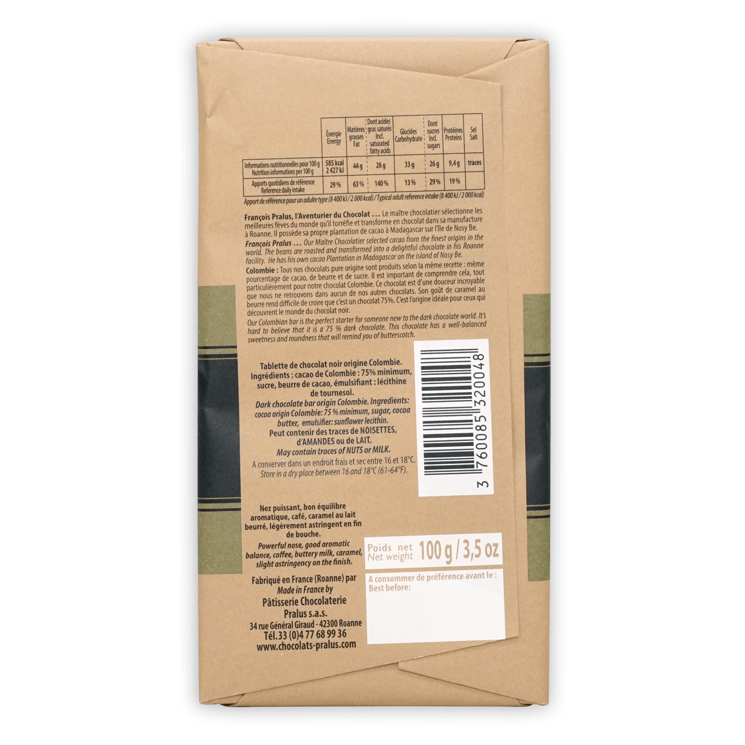 Back of Pralus Colombie 75% chocolate bar with French-English label