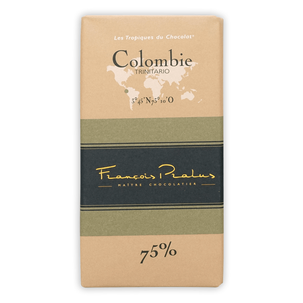 Pralus Colombie 75% dark chocolate bar in beige olive wrapper with map