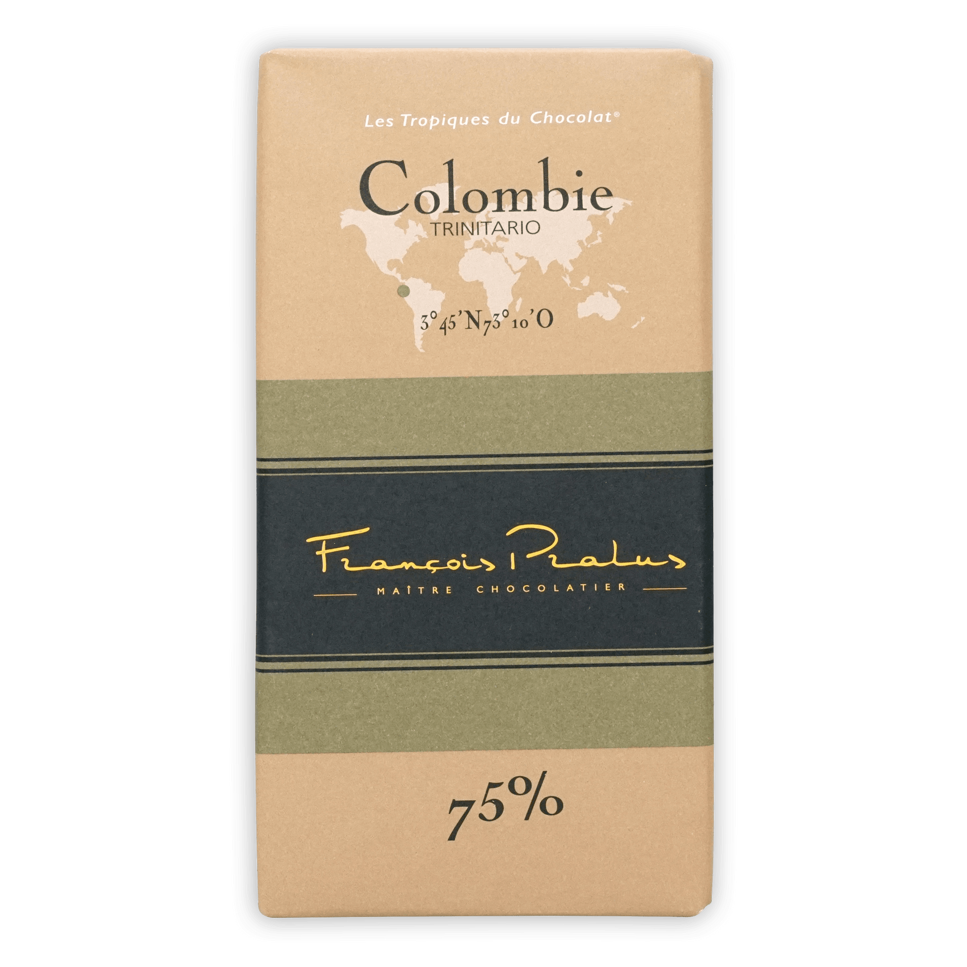 Pralus Colombie 75% dark chocolate bar in beige olive wrapper with map