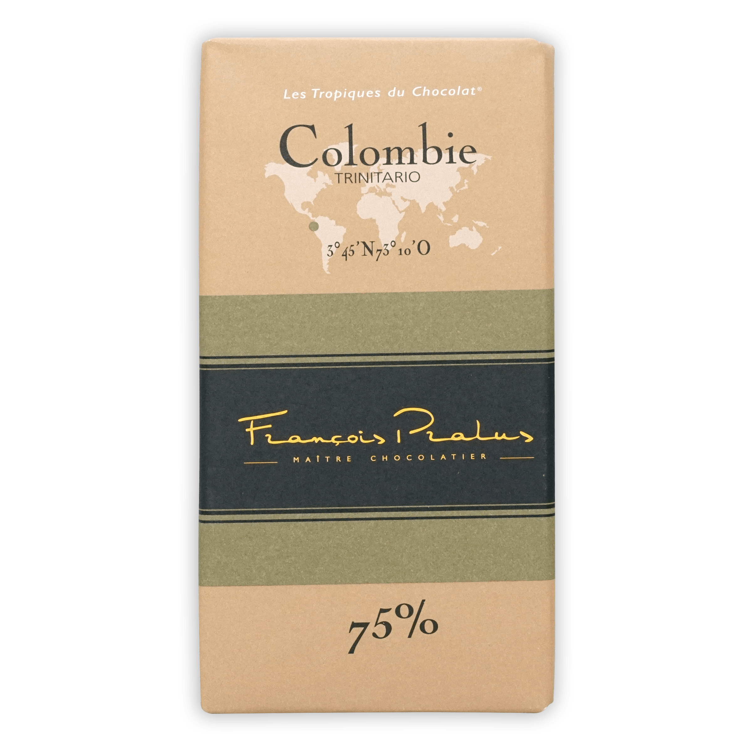 Pralus Colombie 75% dark chocolate bar in beige olive wrapper with map