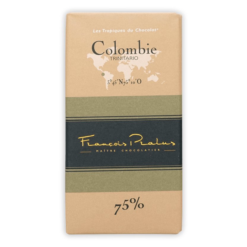 Pralus Colombie 75% dark chocolate bar in beige olive wrapper with map