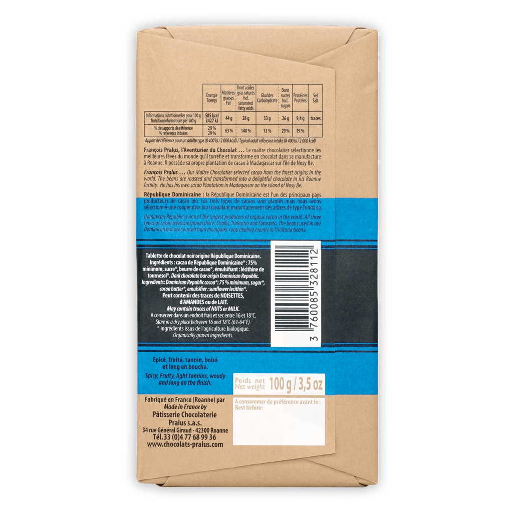 Pralus Dominican Republic 75% brown blue wrapper back with French text barcode