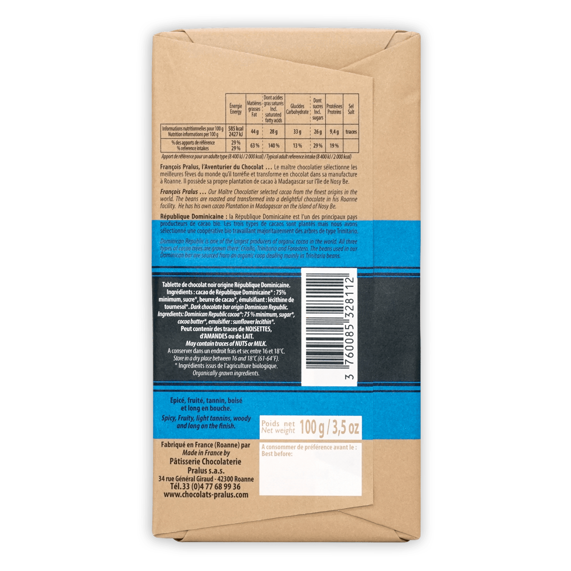 Pralus Dominican Republic 75% brown blue wrapper back with French text barcode