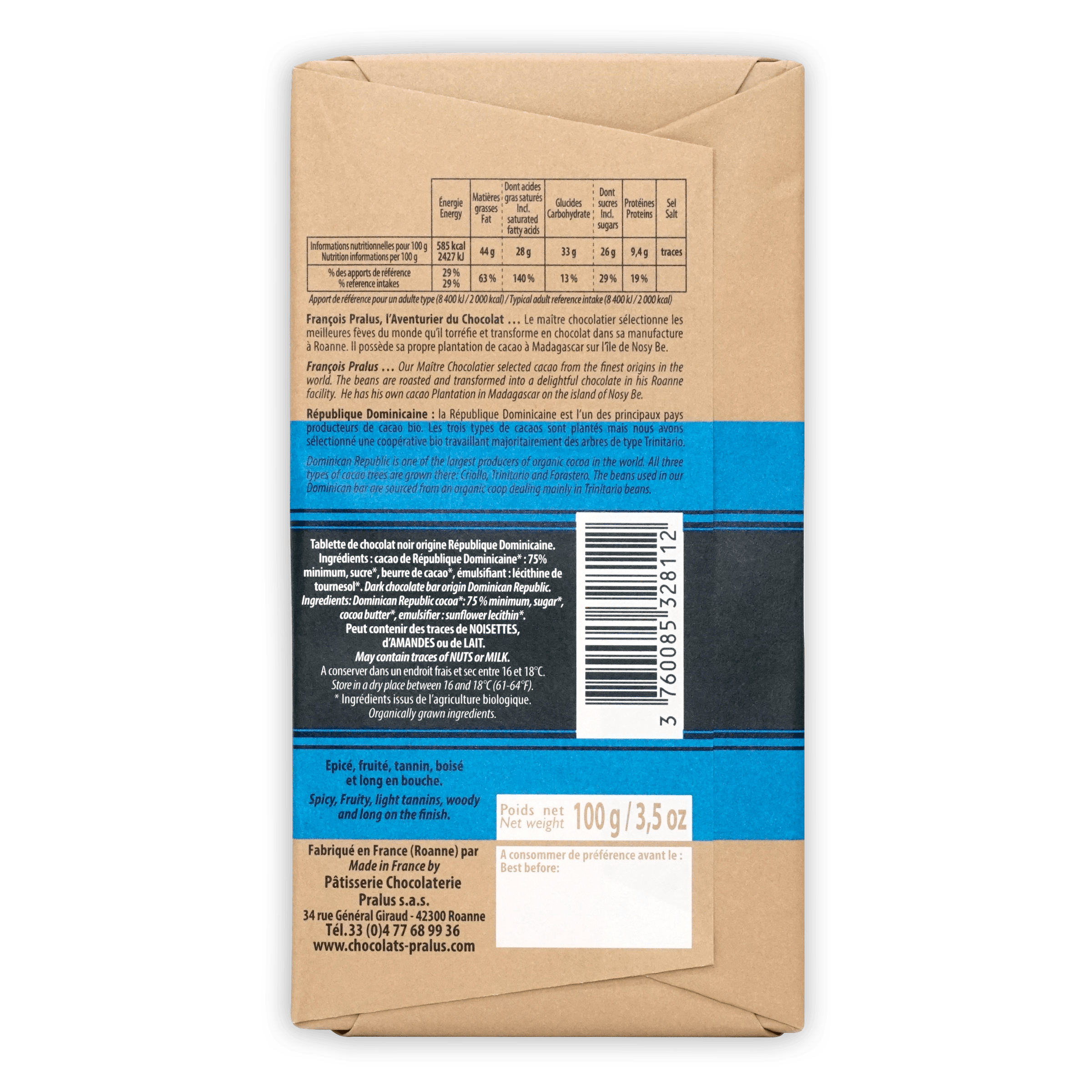 Pralus Dominican Republic 75% brown blue wrapper back with French text barcode