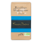 Pralus Dominican Republic 75% dark chocolate bar in tan blue gold package