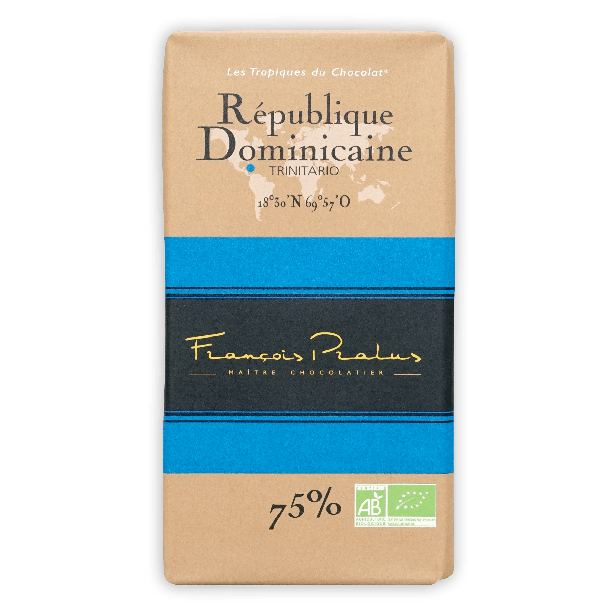 Pralus Dominican Republic 75% dark chocolate bar in tan blue gold package