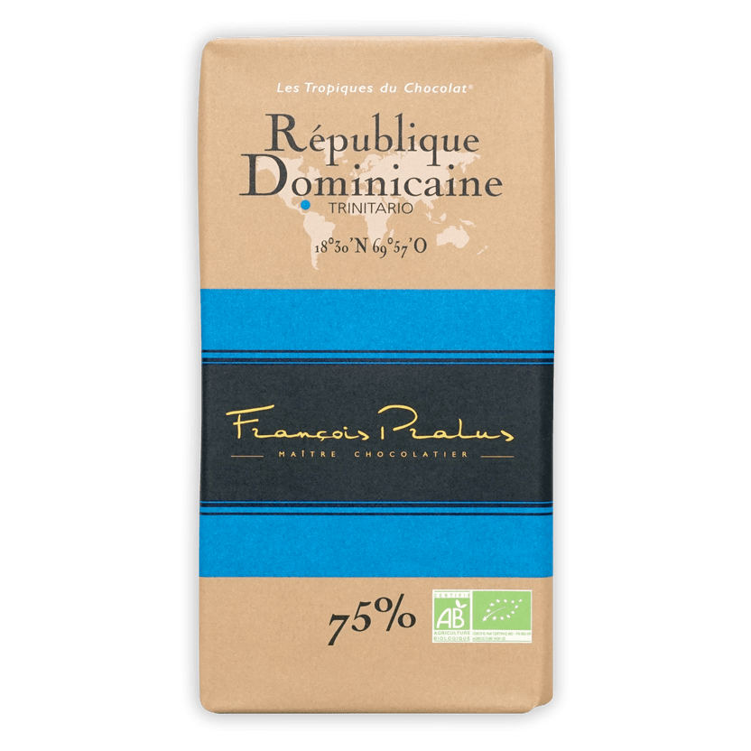 Pralus Dominican Republic 75% dark chocolate bar in tan blue gold package