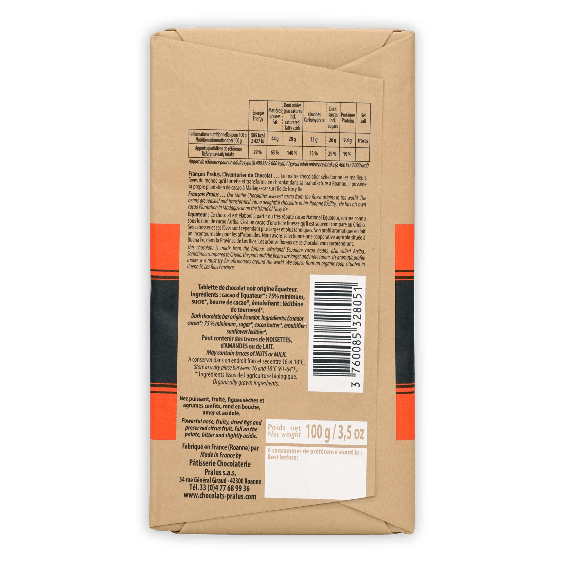 Pralus Ecuador 75% brown paper-wrapped chocolate bar with orange black branding