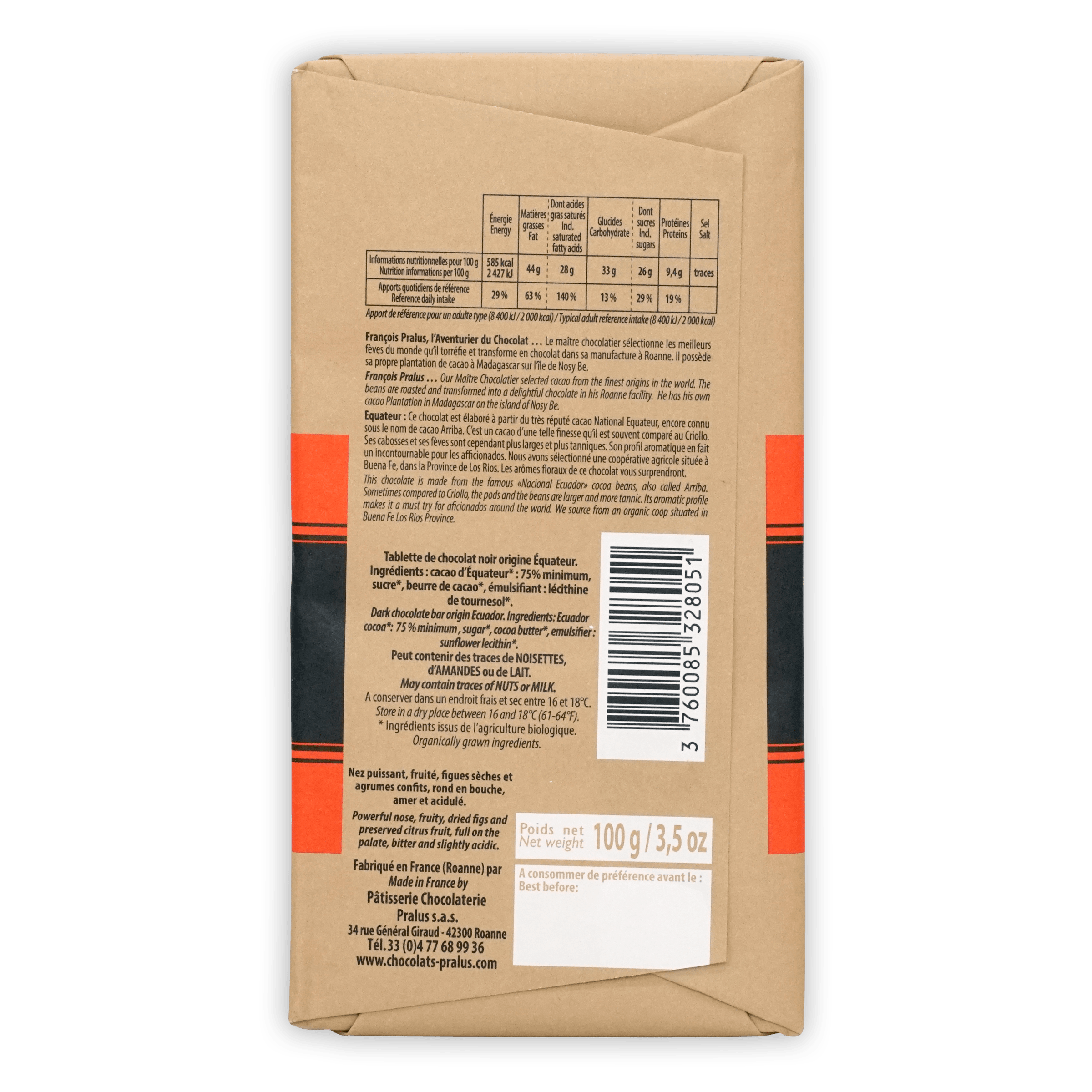 Pralus Ecuador 75% brown paper-wrapped chocolate bar with orange black branding