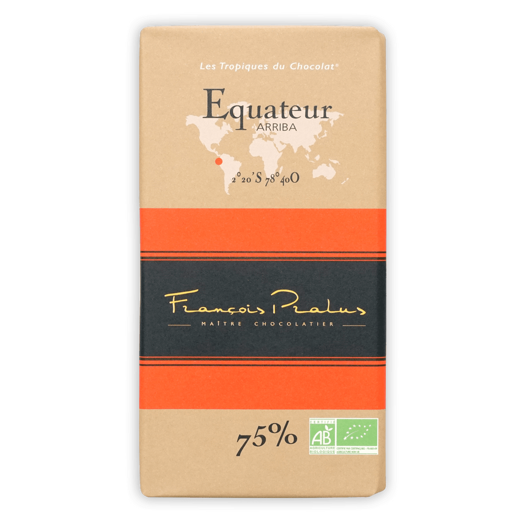 Pralus Ecuador 75% Equateur Arriba beige orange striped wrapper