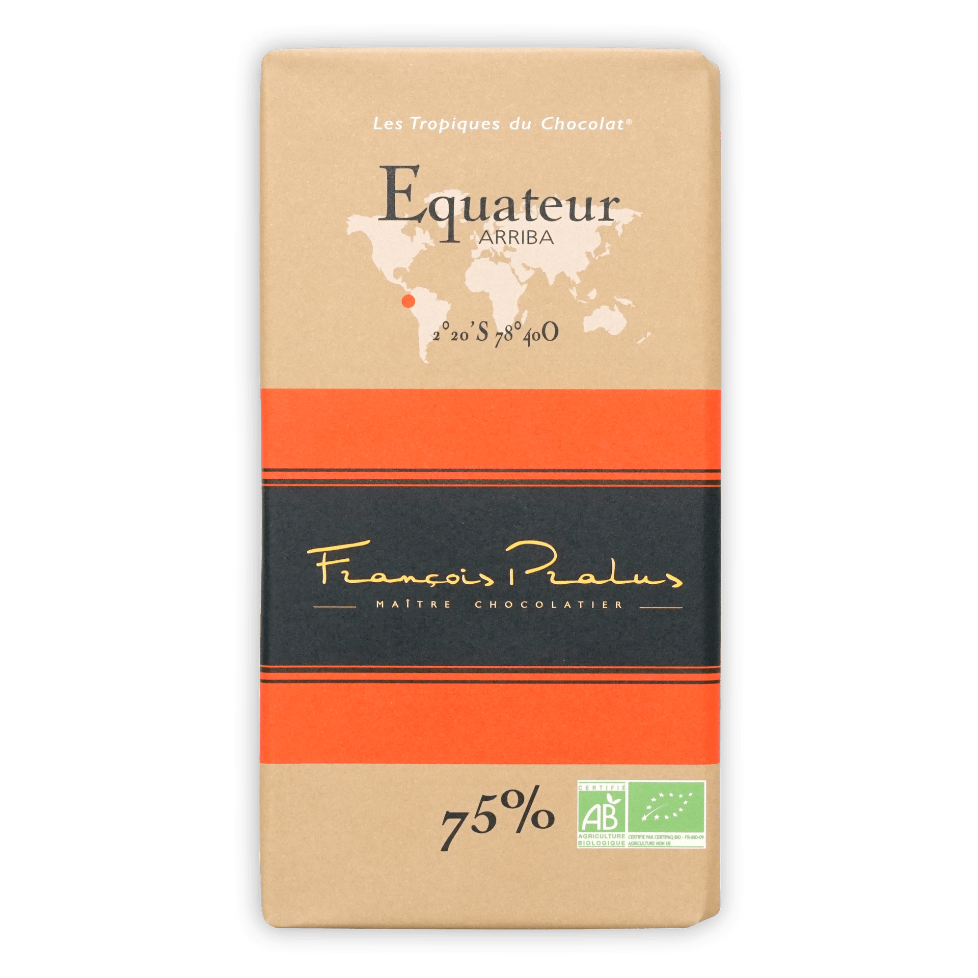 Pralus Ecuador 75% Equateur Arriba beige orange striped wrapper