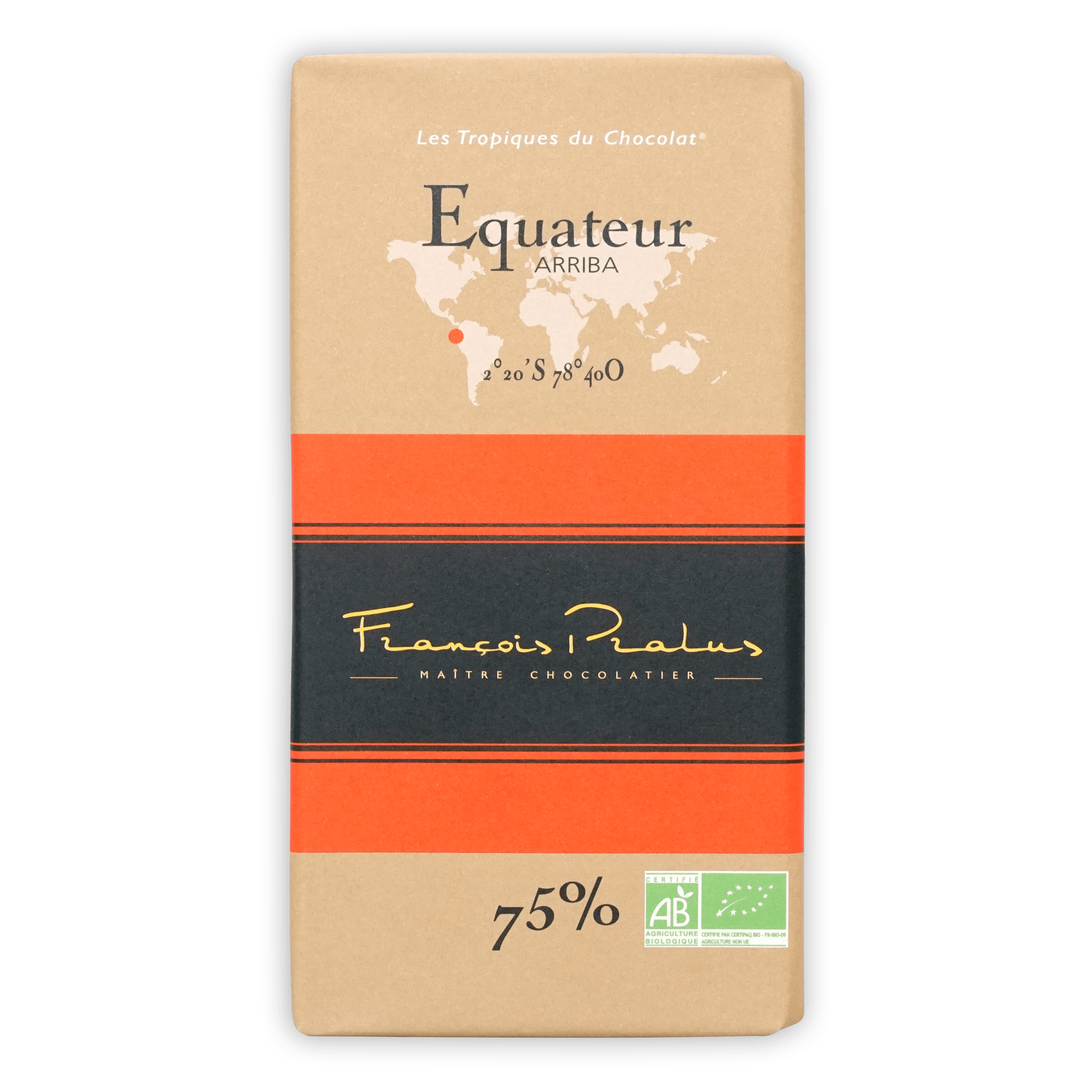 Pralus Ecuador 75% Equateur Arriba beige orange striped wrapper
