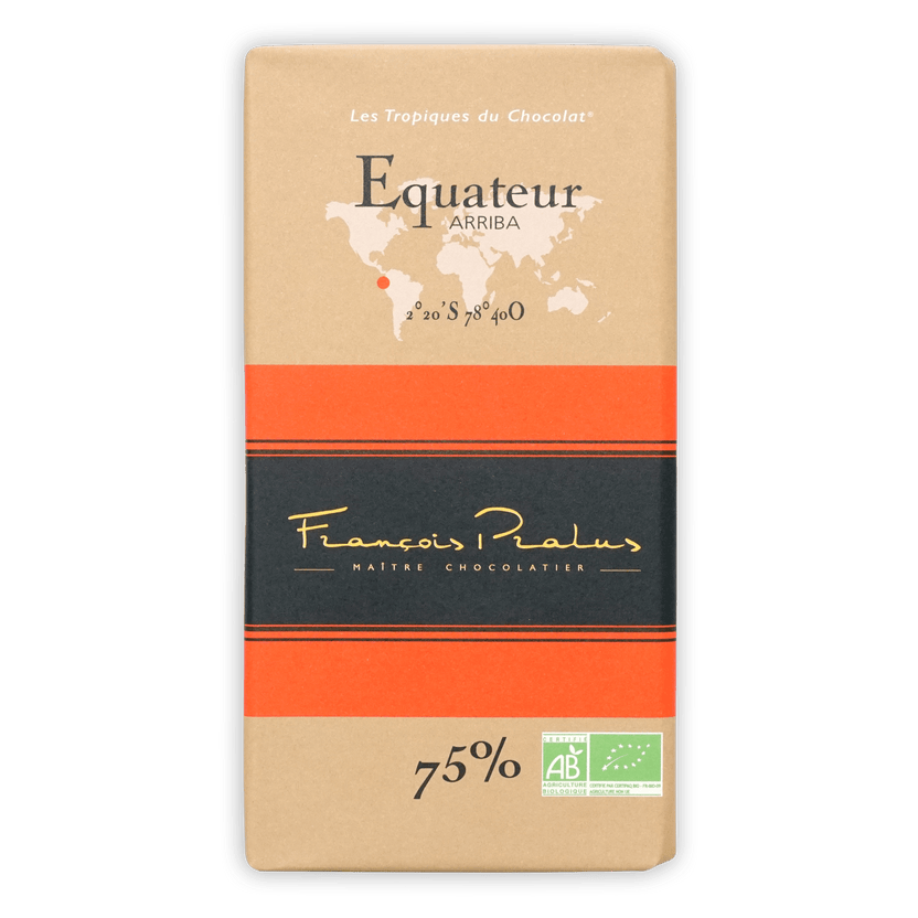 Pralus Ecuador 75% Equateur Arriba beige orange striped wrapper
