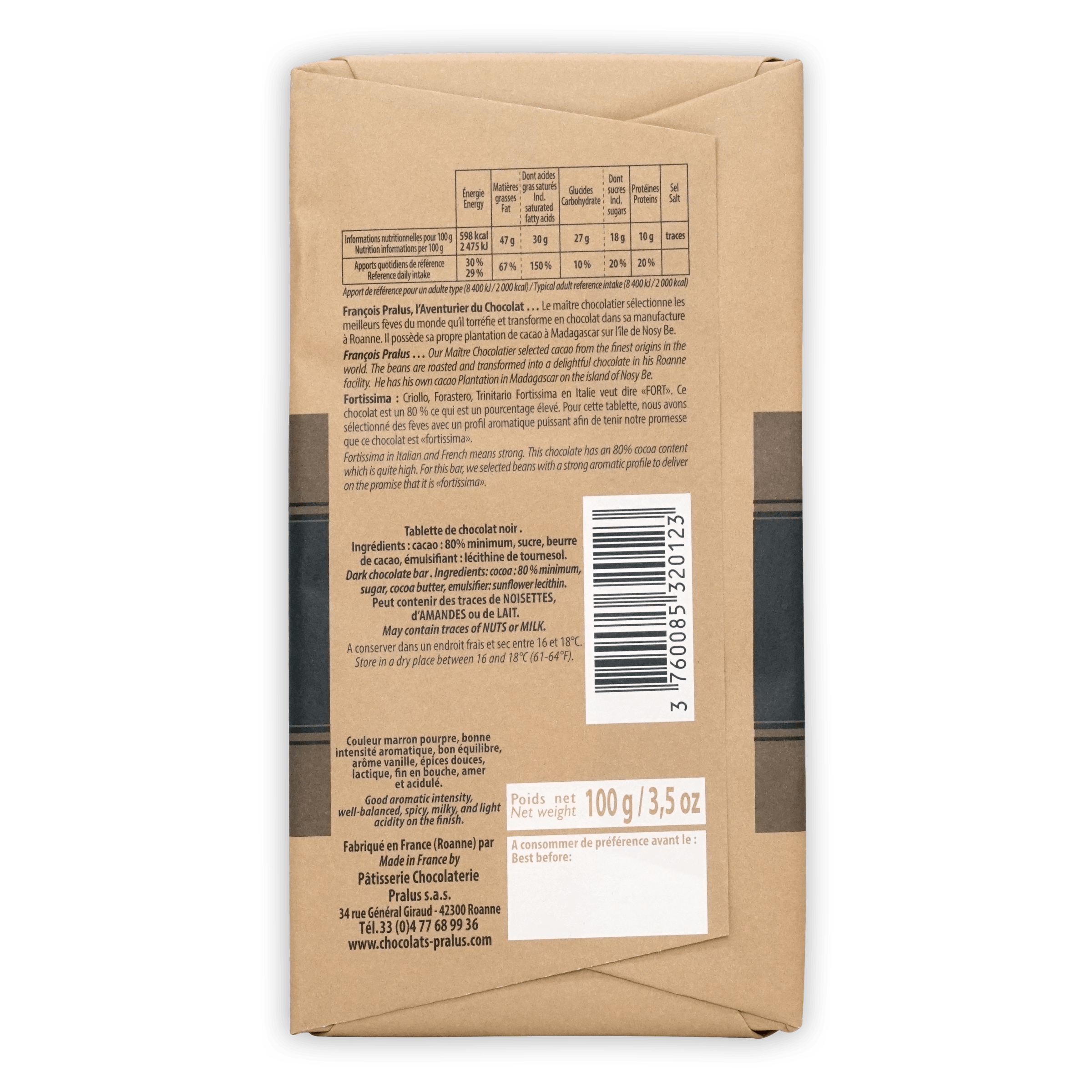 Back of Pralus Fortissima 80% chocolate bar with multilingual label