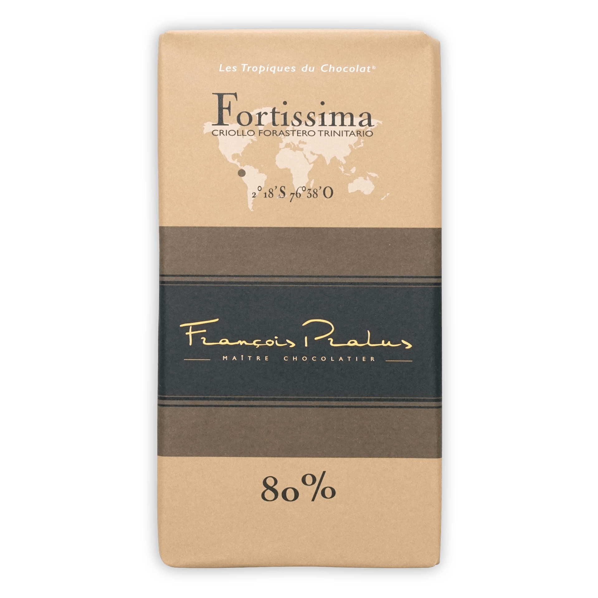 Pralus Fortissima 80% dark chocolate bar in beige brown gold wrapper