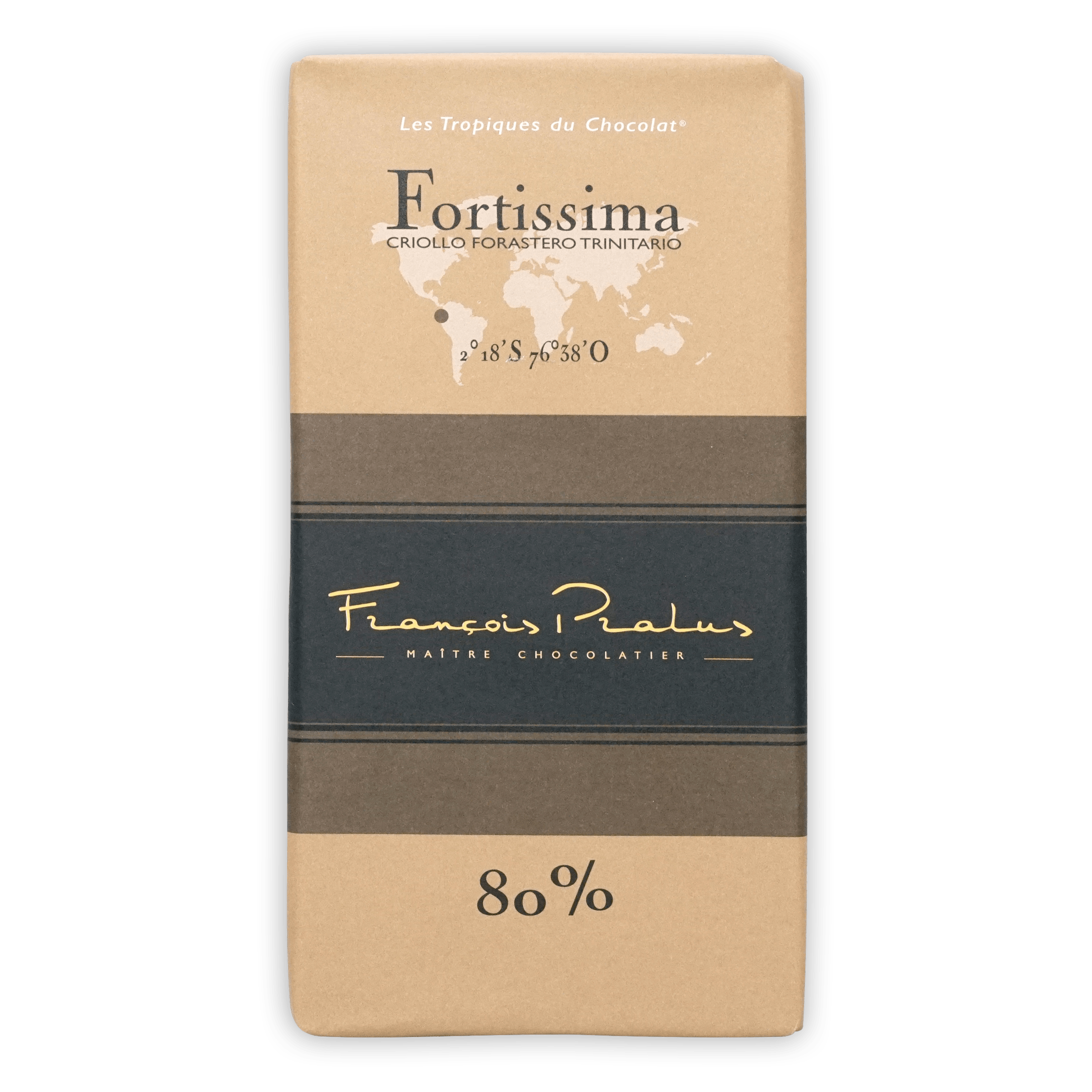 Pralus Fortissima 80% dark chocolate bar in beige brown gold wrapper
