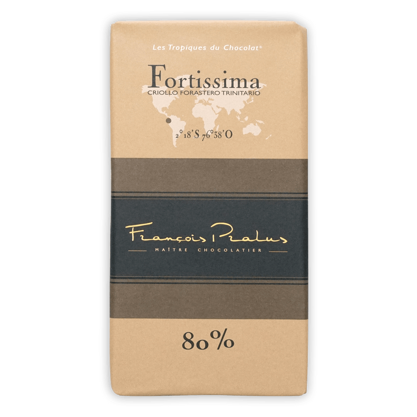 Pralus Fortissima 80% dark chocolate bar in beige brown gold wrapper