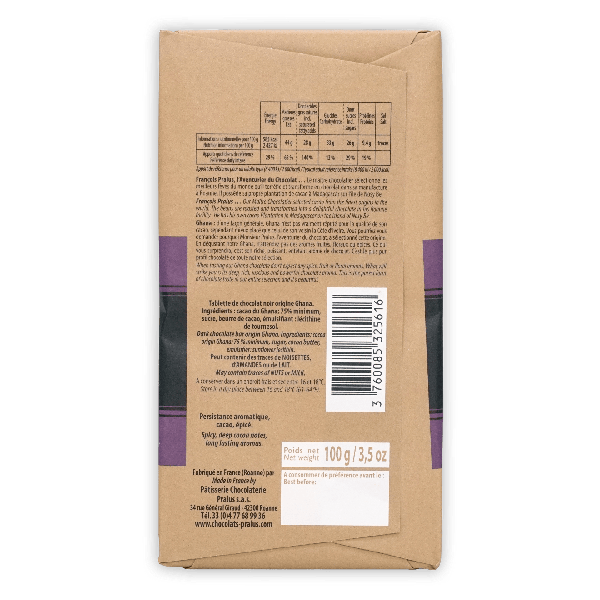 Pralus Ghana 75% chocolate bar back with purple white label