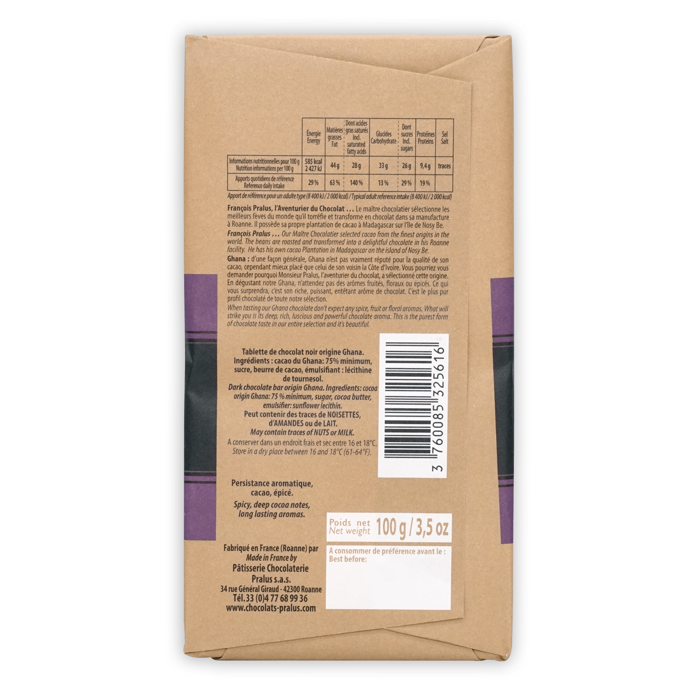 Pralus Ghana 75% chocolate bar back with purple white label