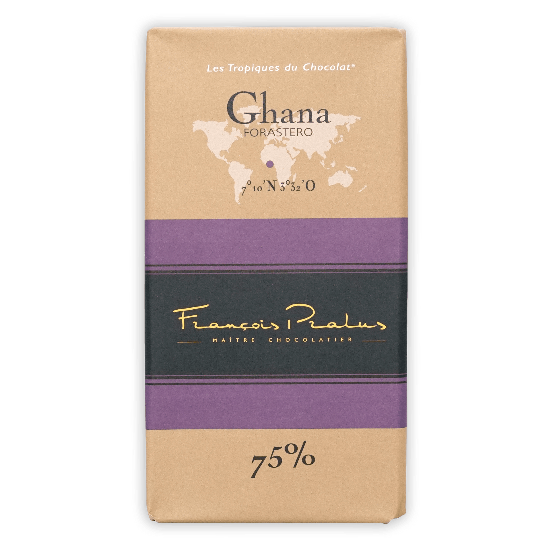 Pralus Ghana 75% chocolate bar, beige purple wrapper, Ghana Forastero 75% cocoa
