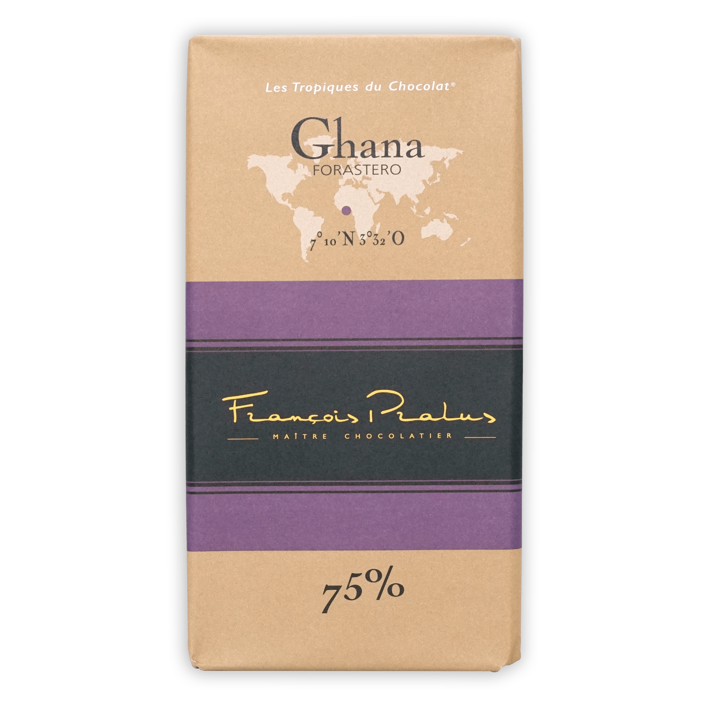 Pralus Ghana 75% chocolate bar, beige purple wrapper, Ghana Forastero 75% cocoa