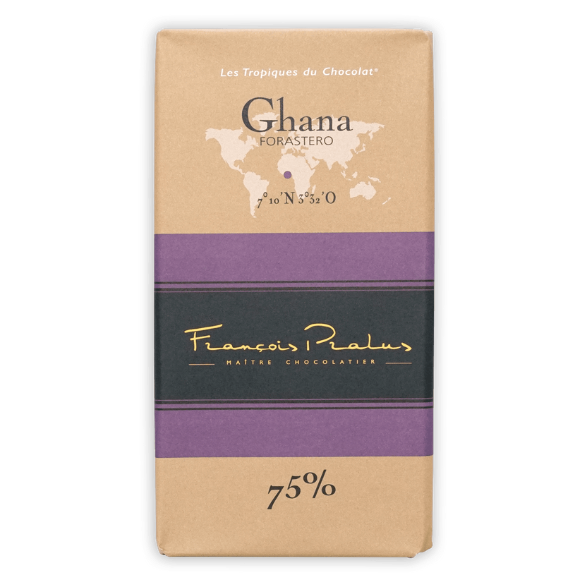 Pralus Ghana 75% chocolate bar, beige purple wrapper, Ghana Forastero 75% cocoa