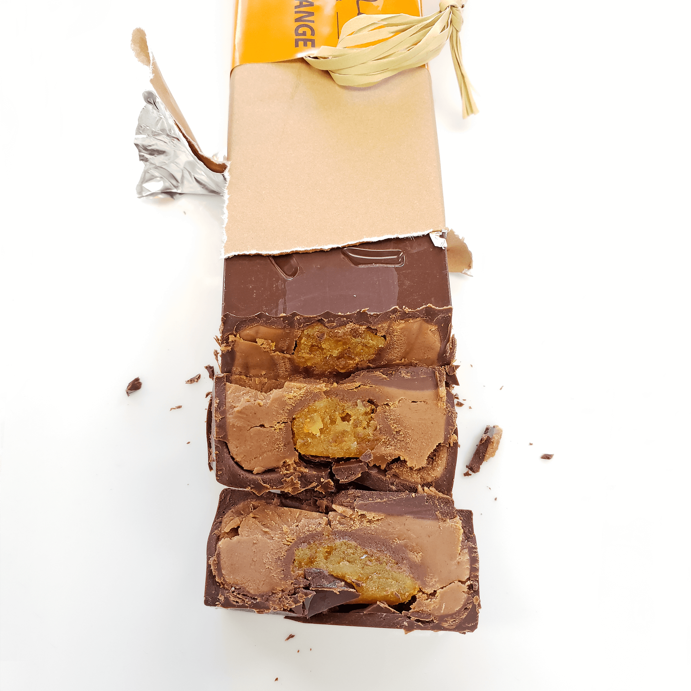 Pralus Infernale Orange Bar partially unwrapped with golden filling
