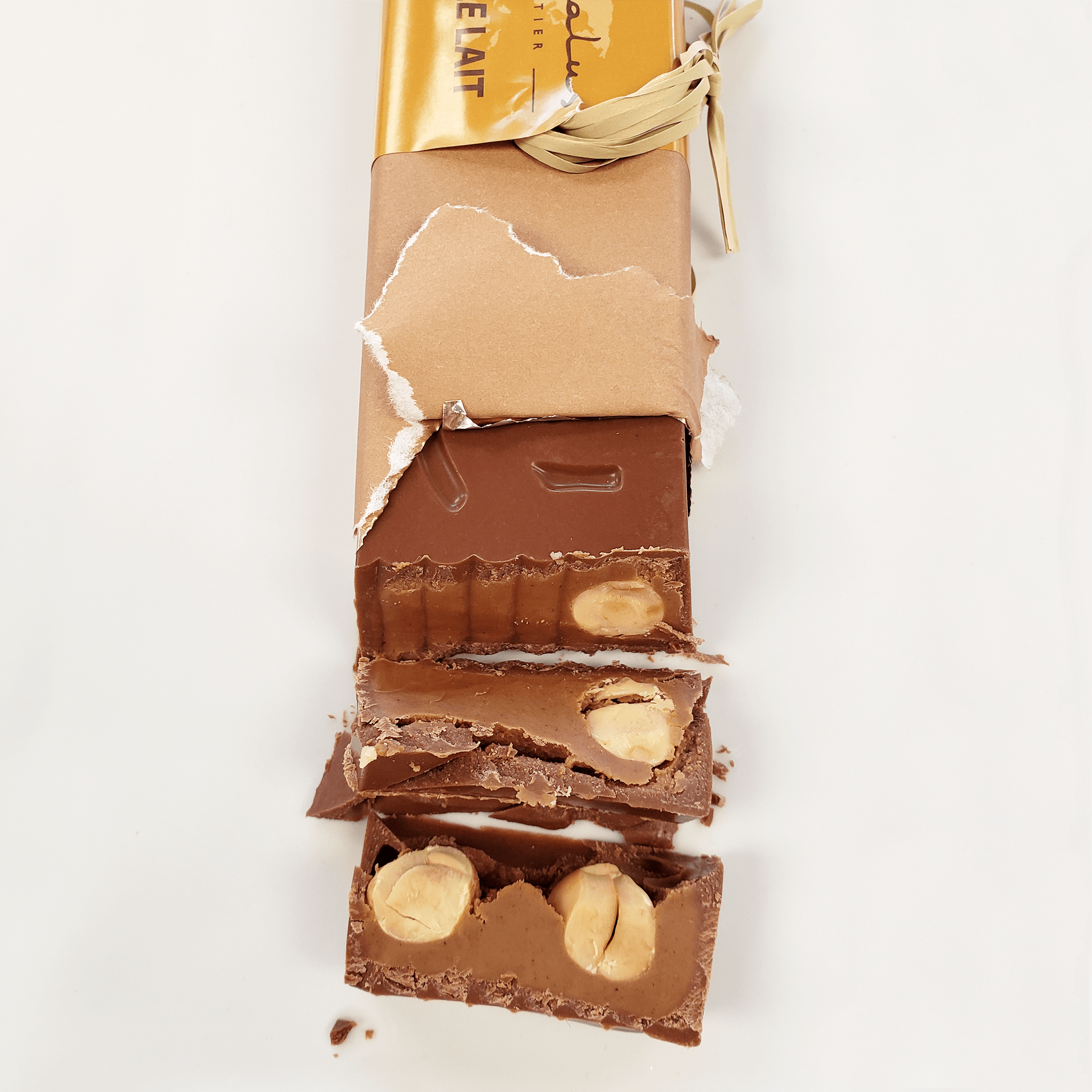 Pralus Infernale Milk Praline Bar with peanuts in unwrapped chocolate