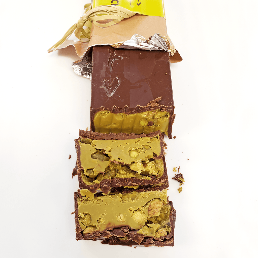 Pralus Infernale Pistache Praline Bar 75% with green pistachio filling