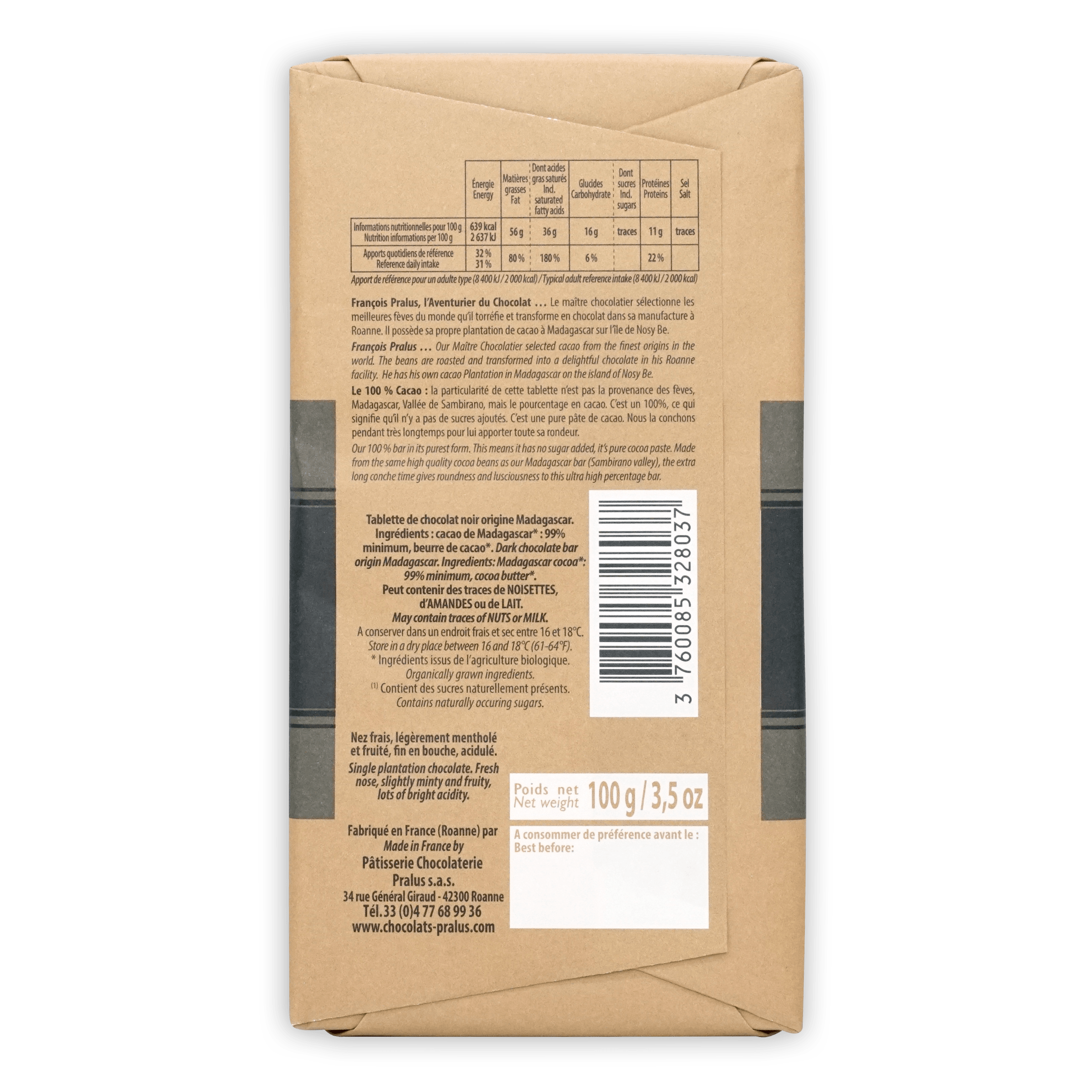 Pralus Le 100% Madagascar dark chocolate bar, 100g pralines, brown paper wrap