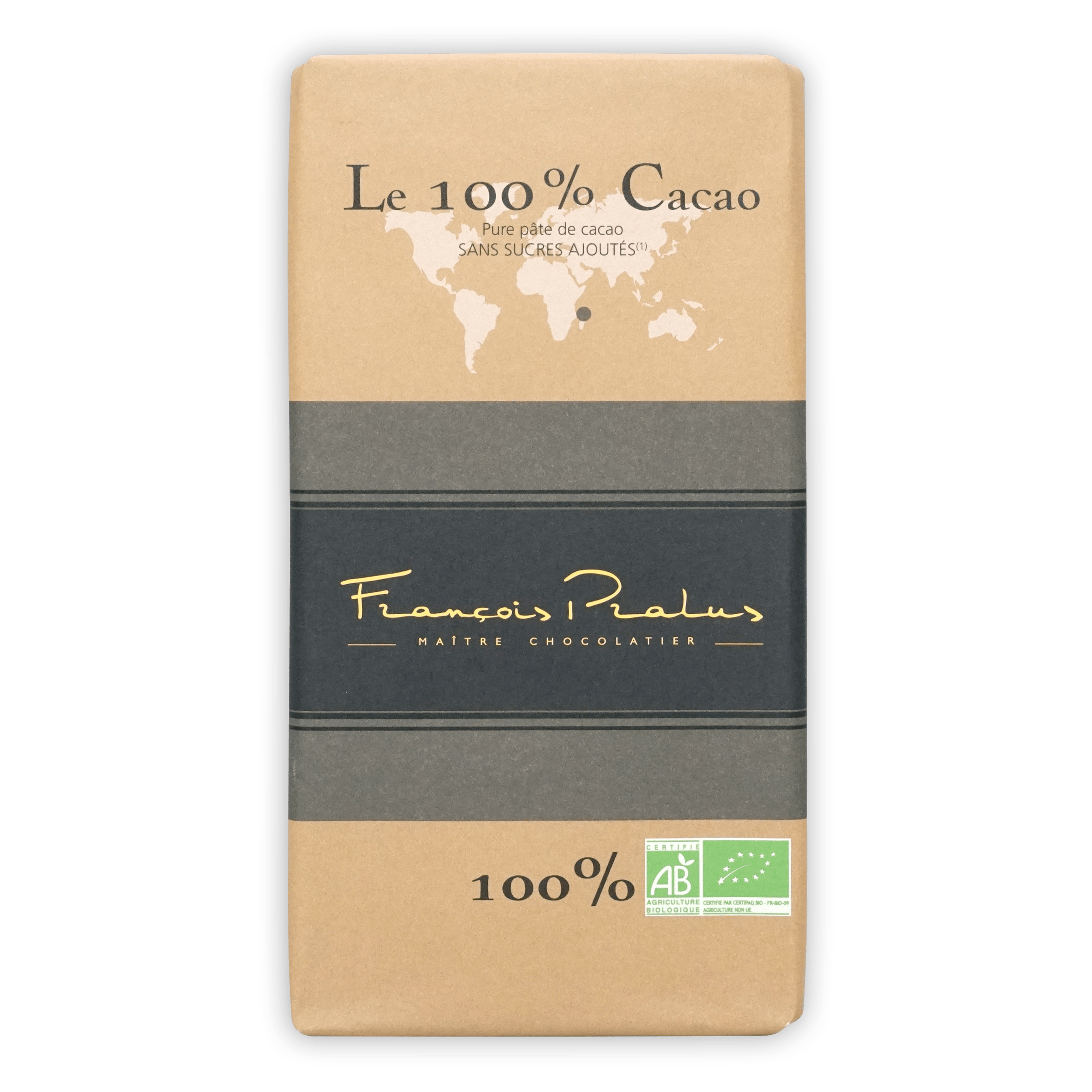 Pralus Le 100% Madagascar dark chocolate bar in beige and gray wrap