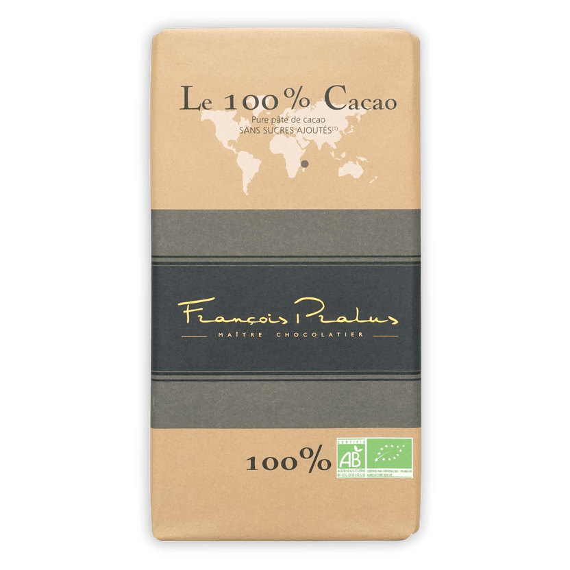 Pralus Le 100% Madagascar dark chocolate bar in beige and gray wrap