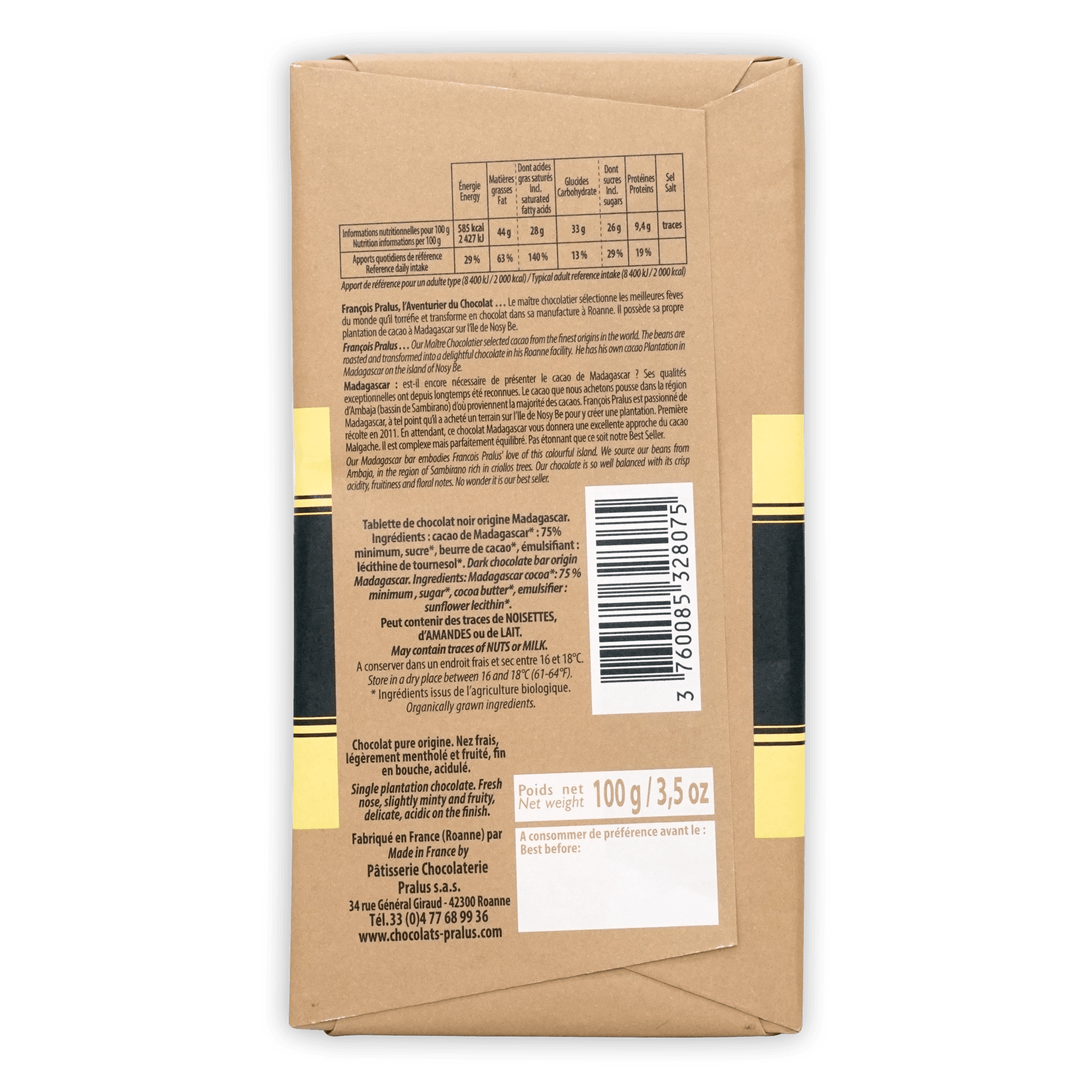 Back of Pralus Madagascar 75% chocolate bar, brown paper wrap, black text, barcode