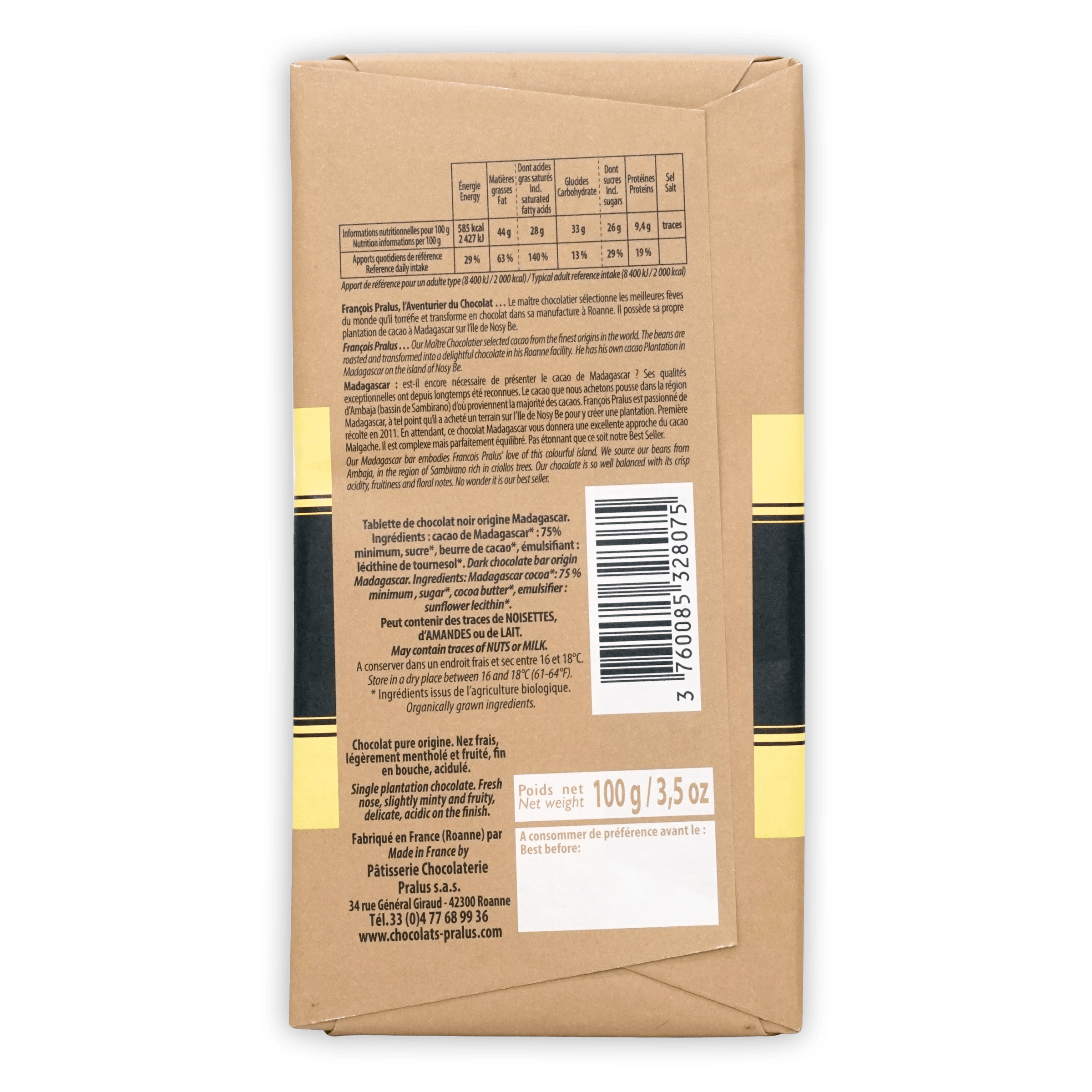 Back of Pralus Madagascar 75% chocolate bar, brown paper wrap, black text, barcode